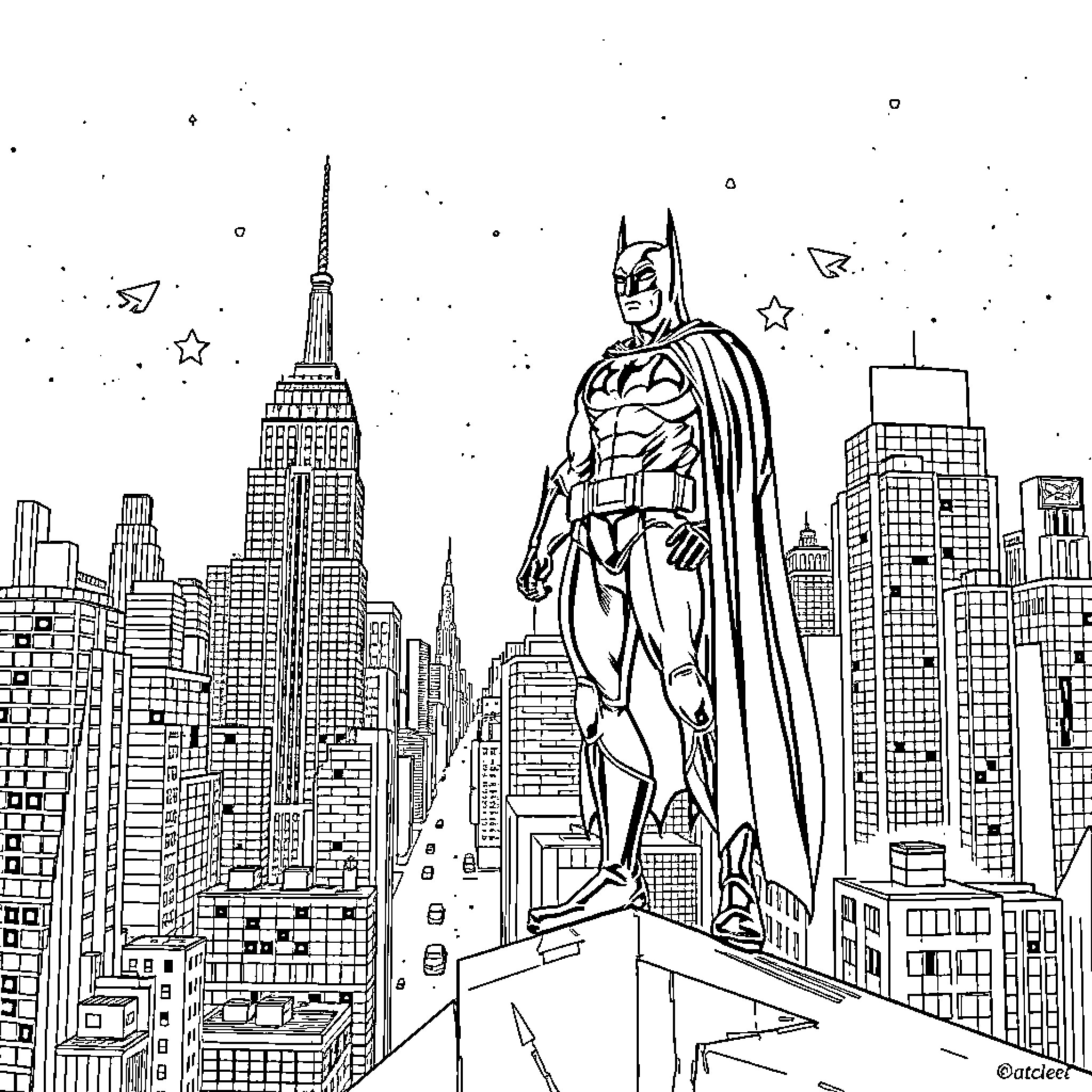 Batman overlooking the city skyline Coloring Page (free black-and-white line drawing printable PDF for all, from beginners to advanced learners, including children, teens, adults, and seniors)