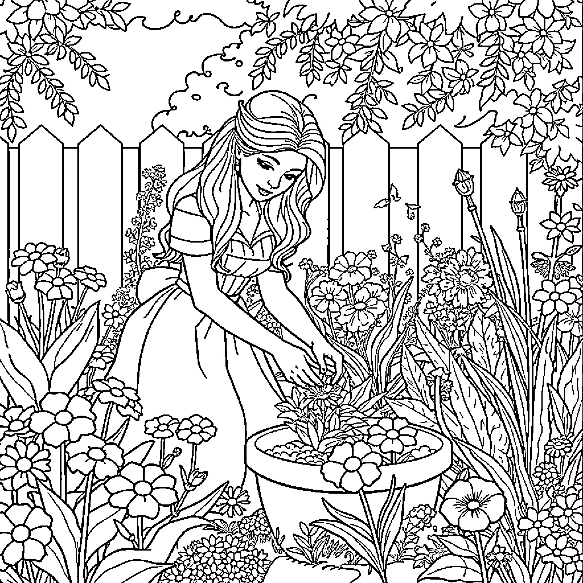 Princess Tending to Her Vibrant Garden Coloring Page (free black-and-white line drawing printable PDF for all, from beginners to advanced learners, including children, teens, adults, and seniors)