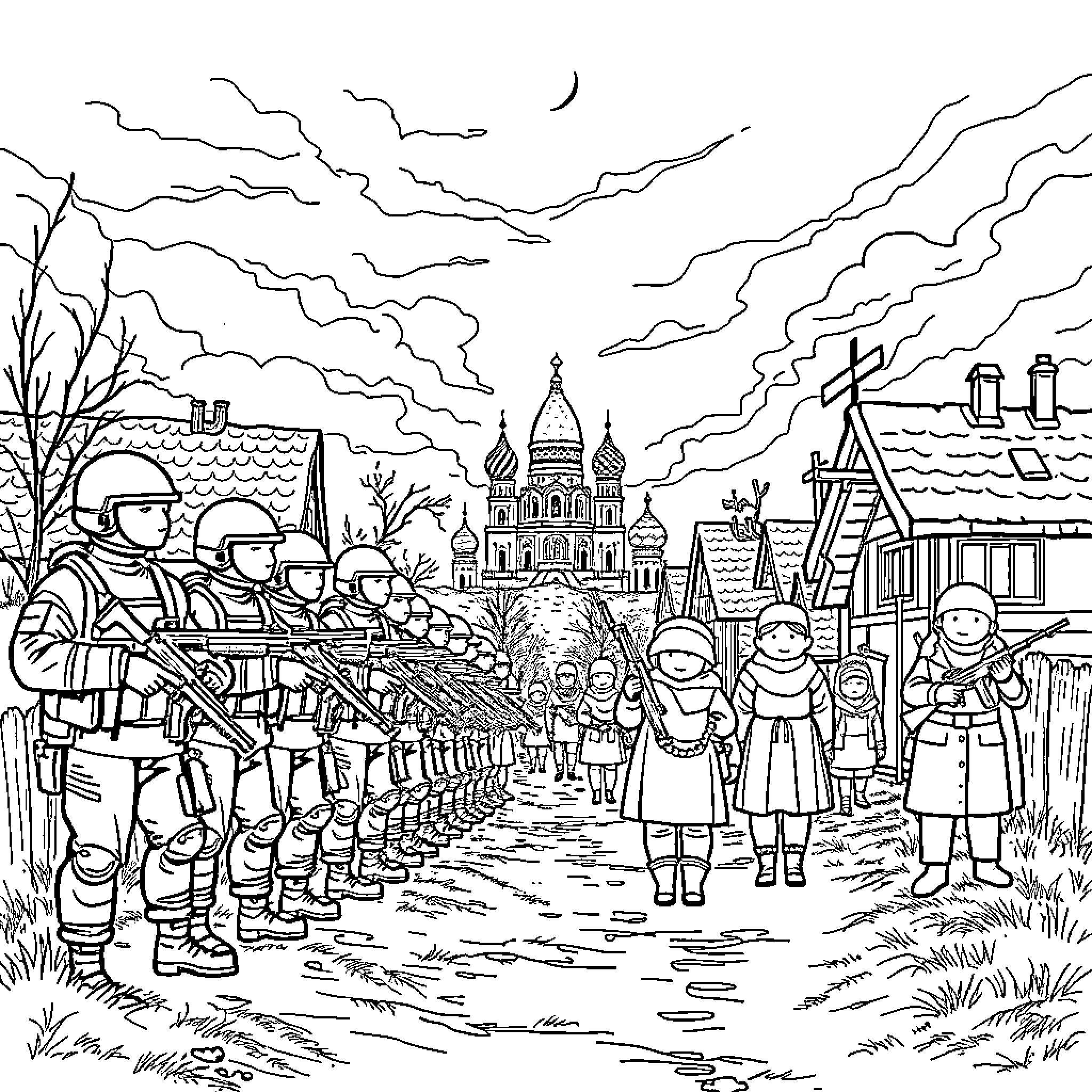 Russia Ukraine Conflict: Soldiers, Citizens and Iconic Architecture Coloring Page (free black-and-white line drawing printable PDF for all, from beginners to advanced learners, including children, teens, adults, and seniors)