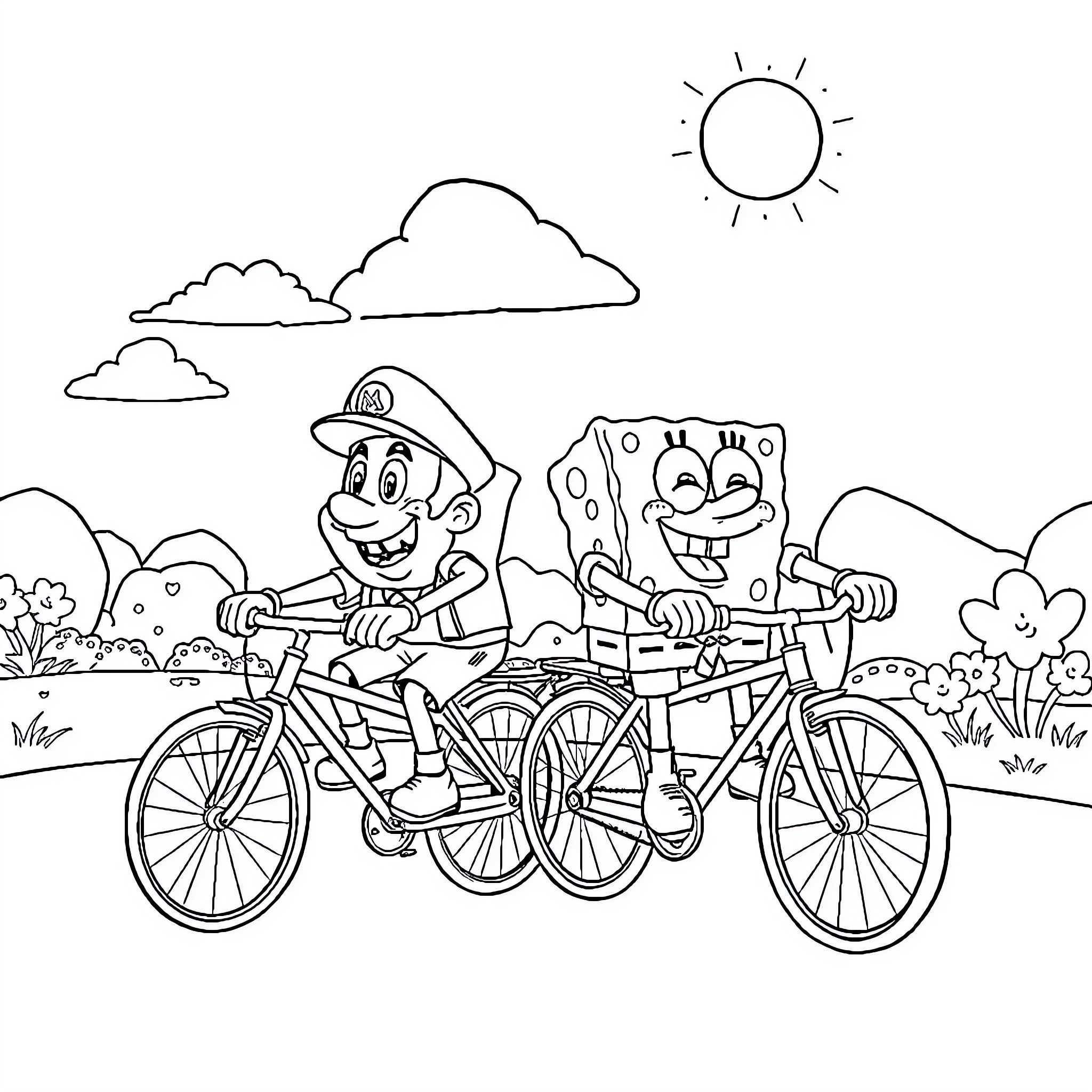 Spongebob and Patrick's Bicycling Adventure Coloring Page (free black-and-white line drawing printable PDF for all, from beginners to advanced learners, including children, teens, adults, and seniors)