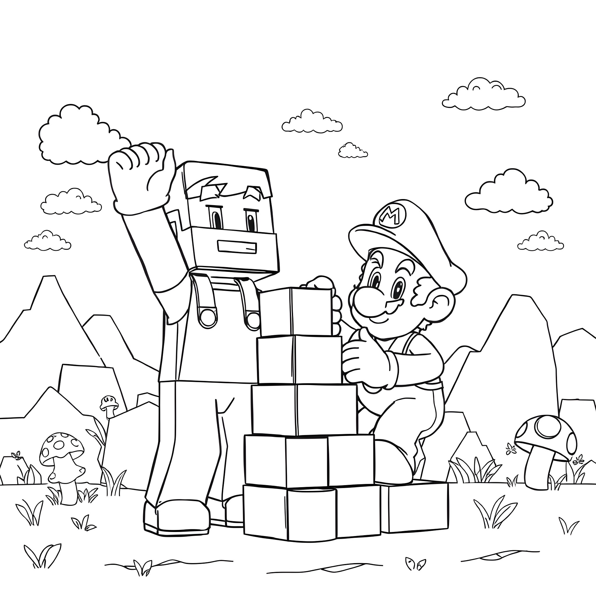 Steve's Playful Adventure with Cubes in the Forest Coloring Page (free black-and-white line drawing printable PDF for all, from beginners to advanced learners, including children, teens, adults, and seniors)