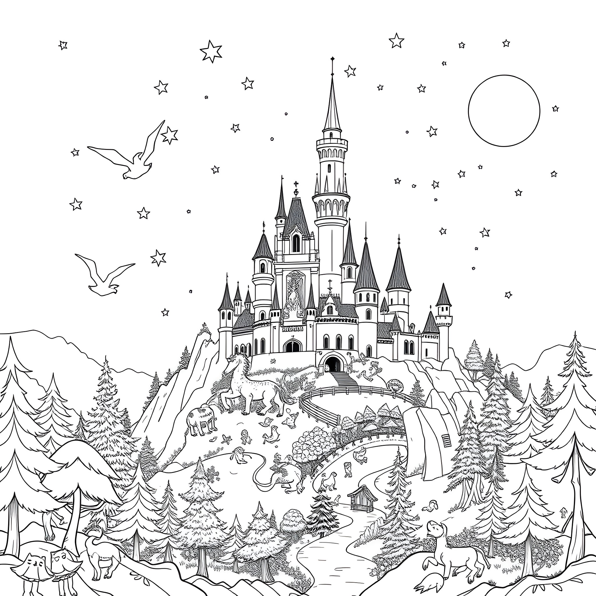 Fairy Tale Castle in a Magical Landscape Coloring Page (free black-and-white line drawing printable PDF for all, from beginners to advanced learners, including children, teens, adults, and seniors)