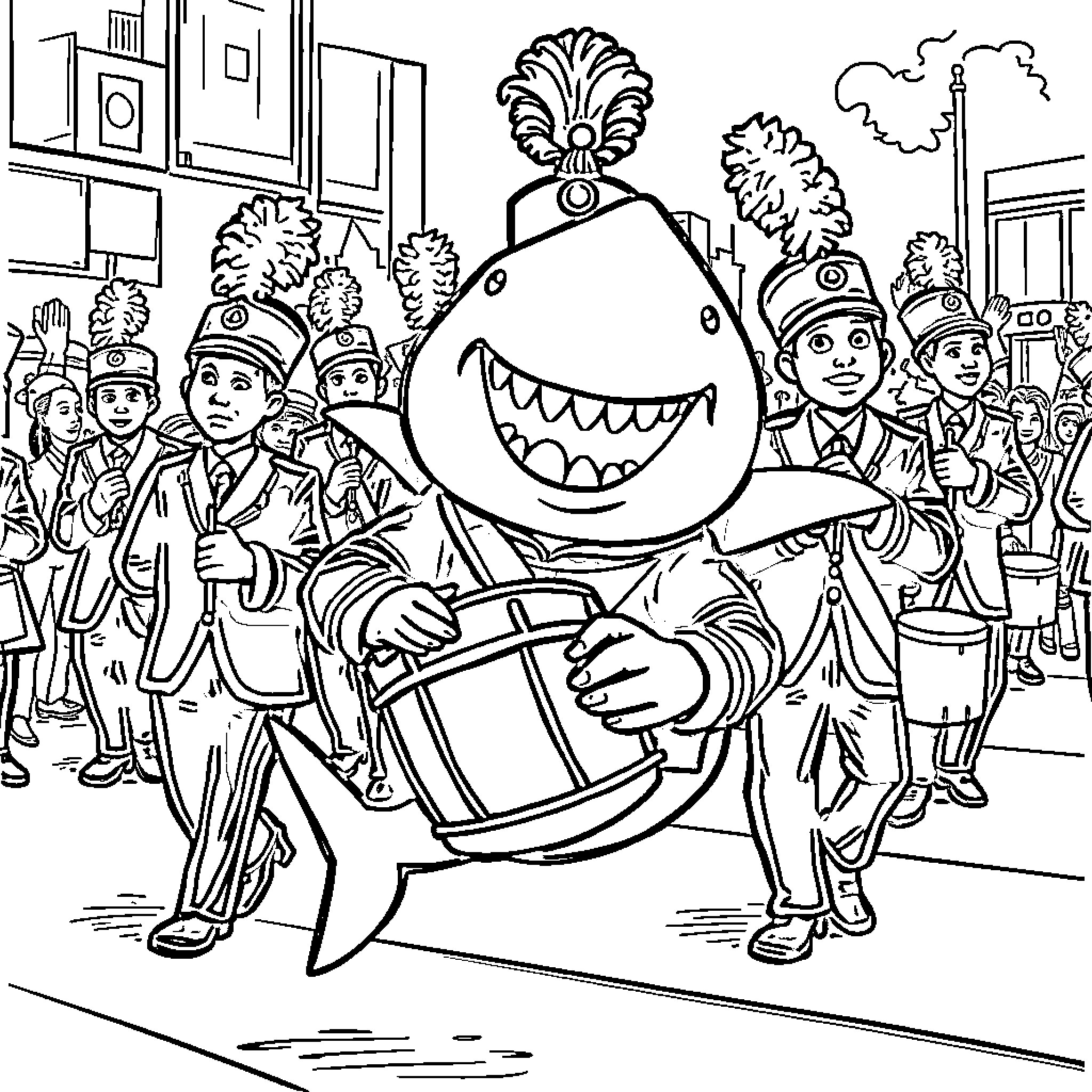 Shark leading a marching band parade Coloring Page (free black-and-white line drawing printable PDF for all, from beginners to advanced learners, including children, teens, adults, and seniors)