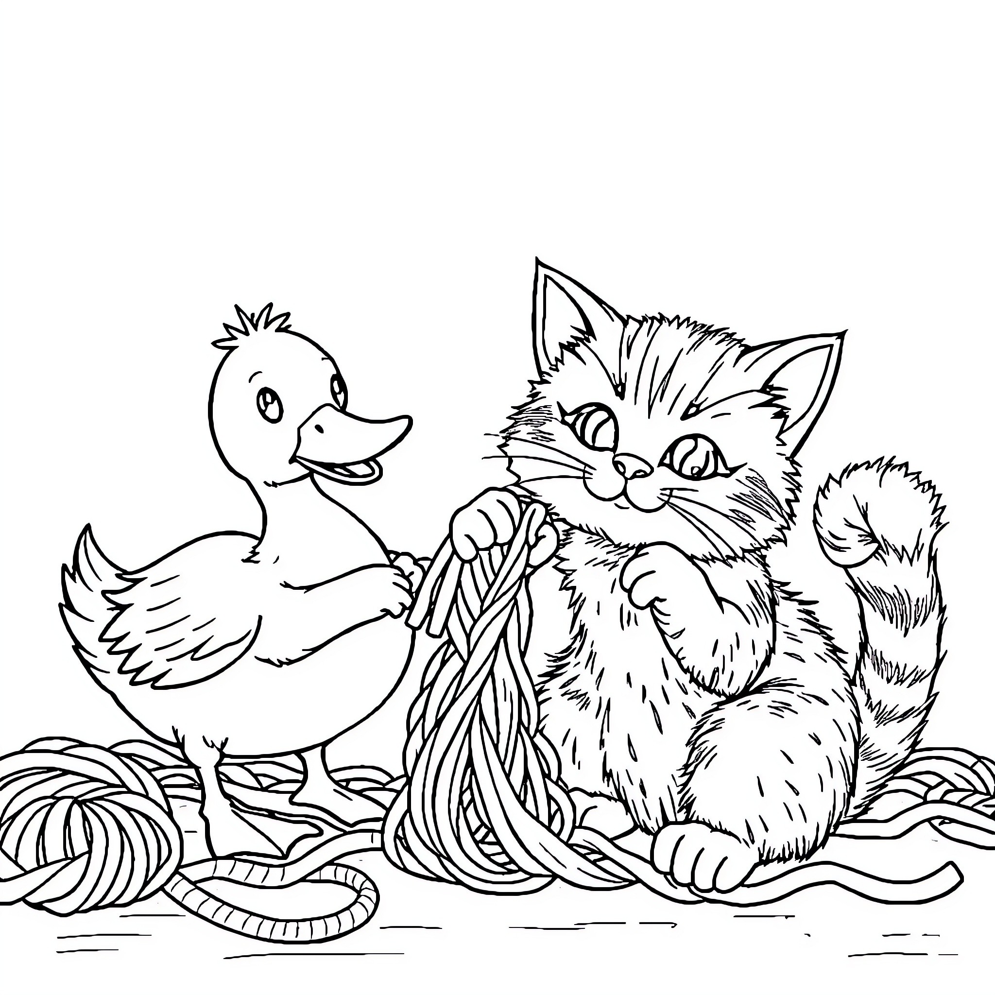 Duck and Kitten Exploring the Outdoors Coloring Page (free black-and-white line drawing printable PDF for all, from beginners to advanced learners, including children, teens, adults, and seniors)