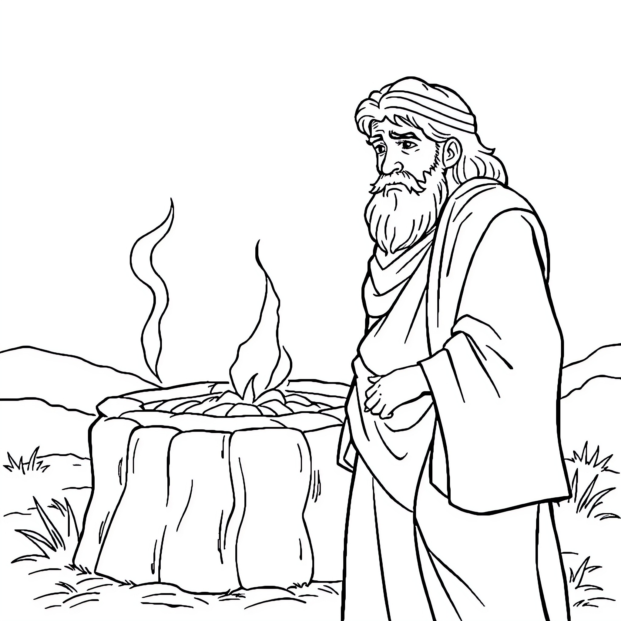 Abraham tending to a burning fire in the wilderness Coloring Page (free black-and-white line drawing printable PDF for all, from beginners to advanced learners, including children, teens, adults, and seniors)