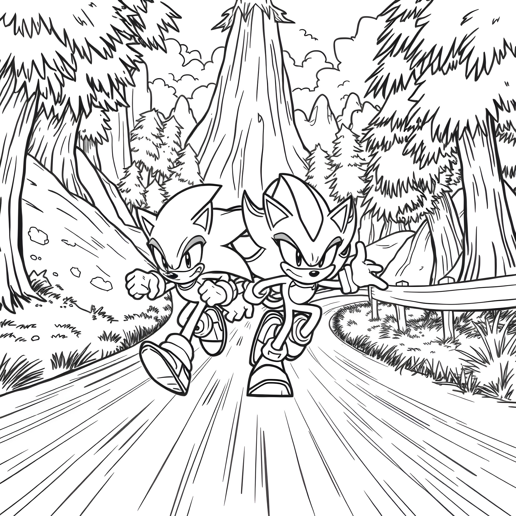 Sonic characters racing through the forest Coloring Page (free black-and-white line drawing printable PDF for all, from beginners to advanced learners, including children, teens, adults, and seniors)