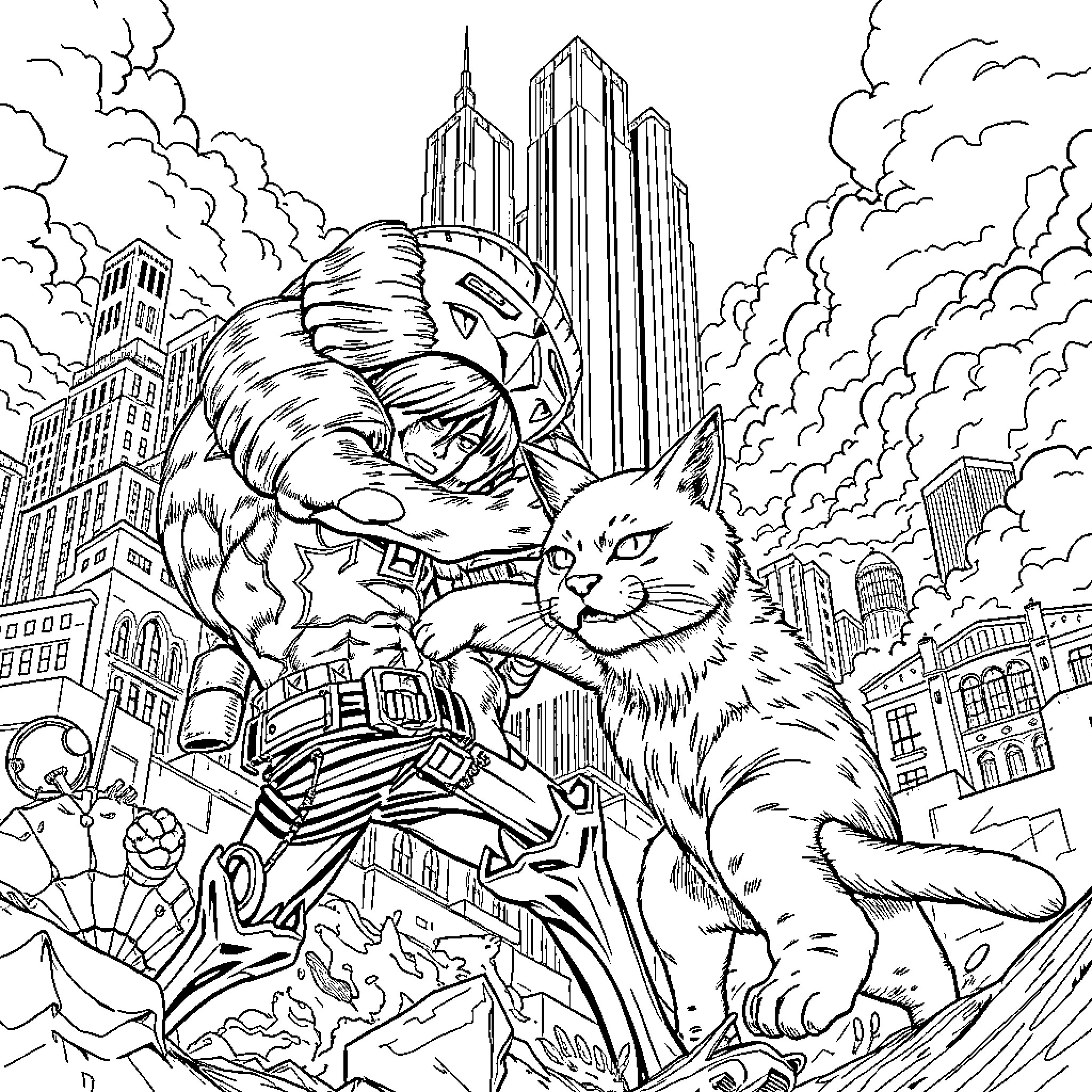 Titan unleashing fury in the cityscape Coloring Page (free black-and-white line drawing printable PDF for all, from beginners to advanced learners, including children, teens, adults, and seniors)