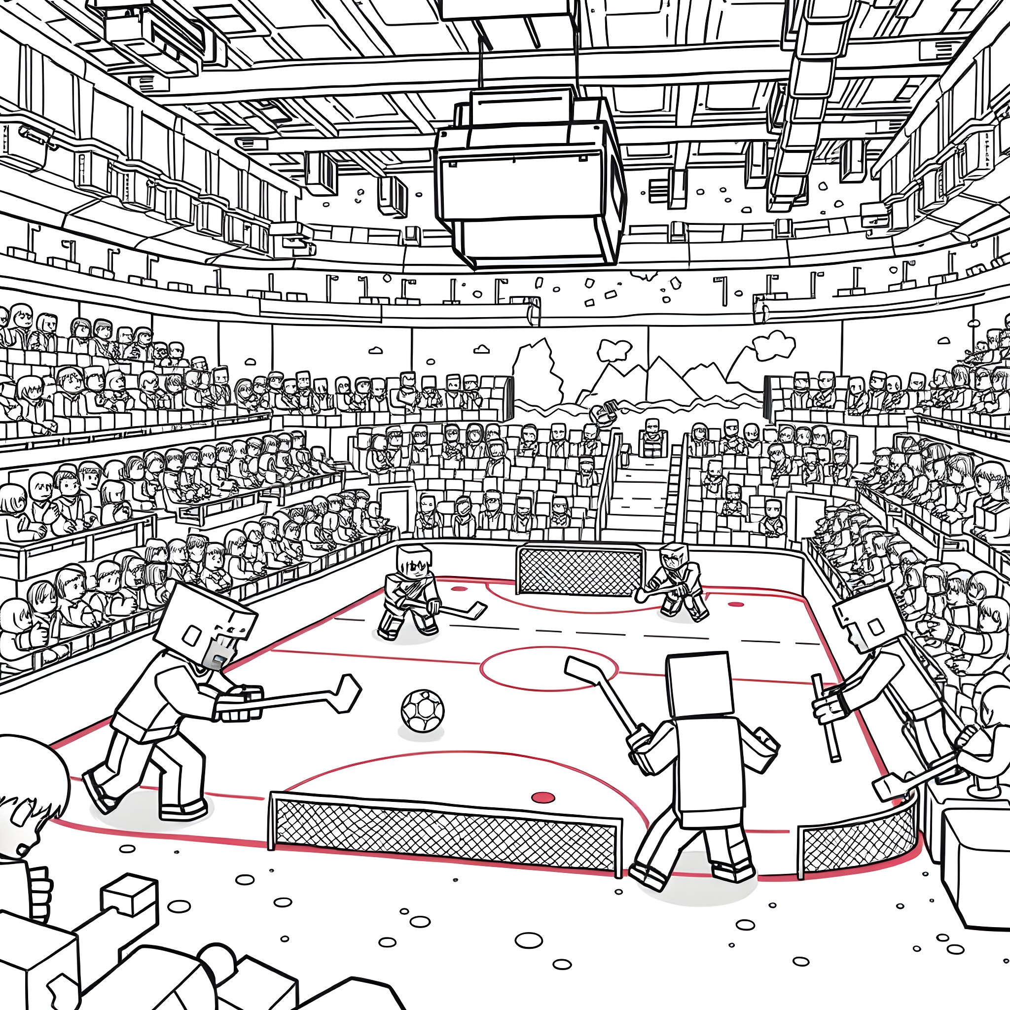 Minecraft Players in Intense Soccer Match Coloring Page (free black-and-white line drawing printable PDF for all, from beginners to advanced learners, including children, teens, adults, and seniors)