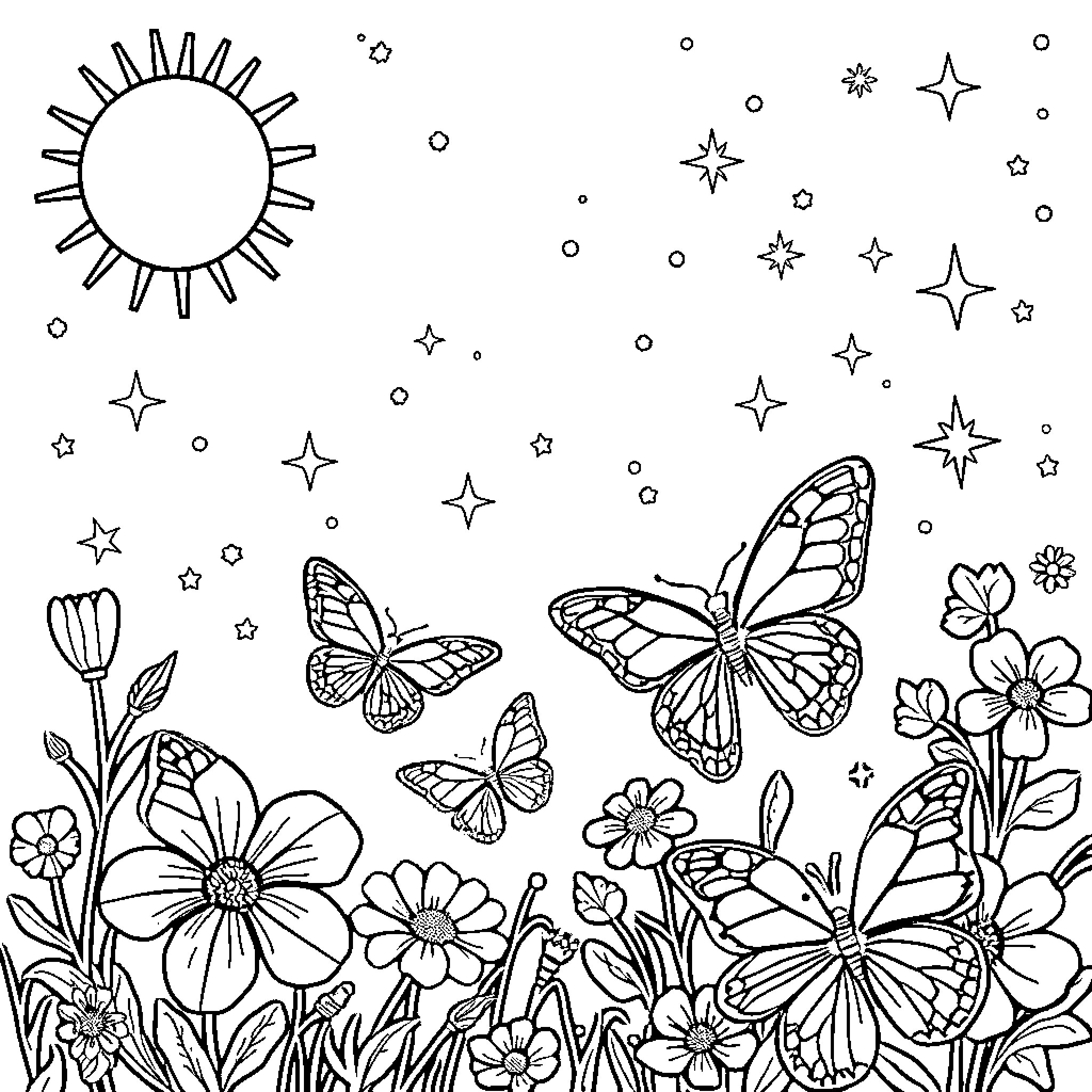 Sun dancing with butterflies and flowers Coloring Page (free black-and-white line drawing printable PDF for all, from beginners to advanced learners, including children, teens, adults, and seniors)