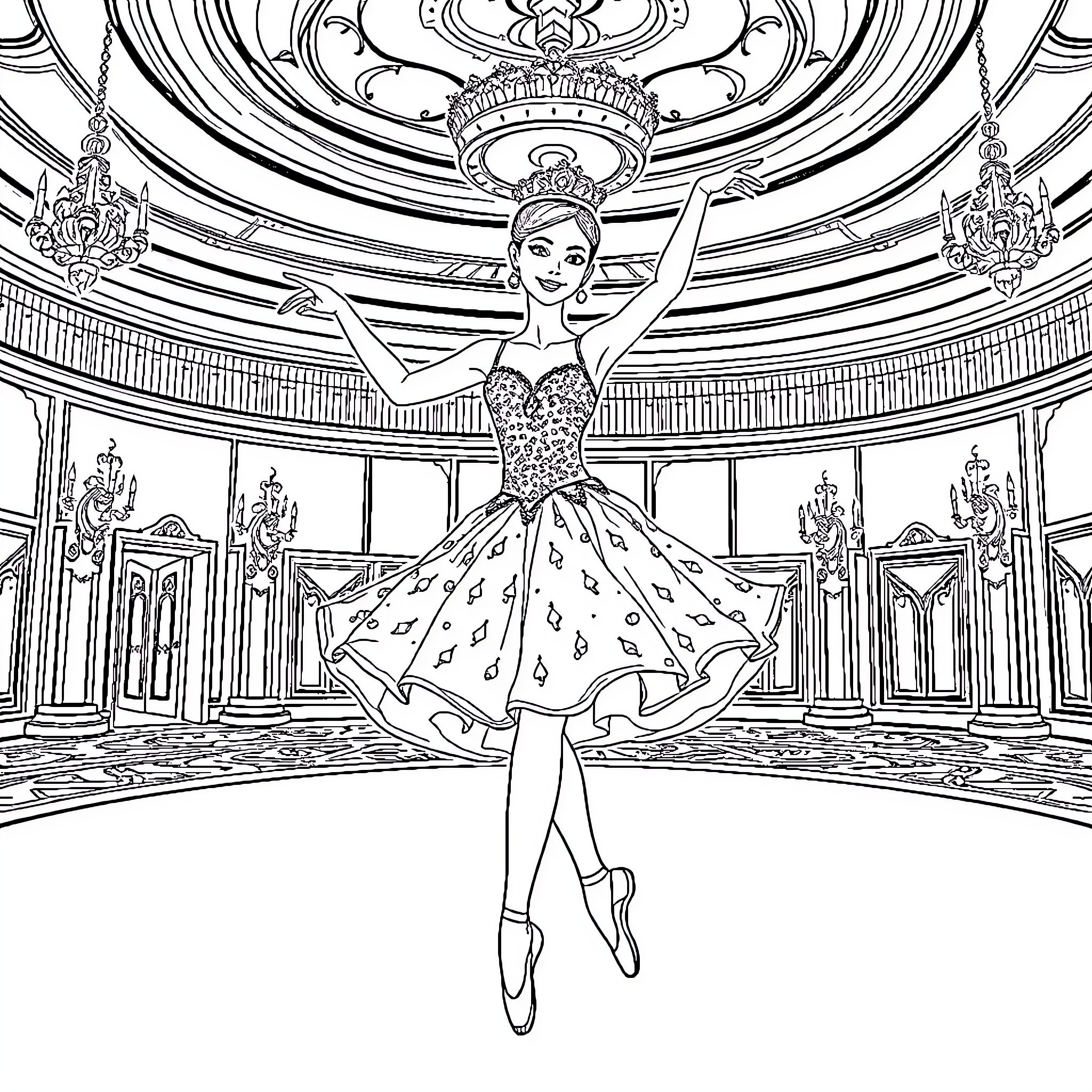 Ballerina performing graceful dance on stage Coloring Page (free black-and-white line drawing printable PDF for all, from beginners to advanced learners, including children, teens, adults, and seniors)