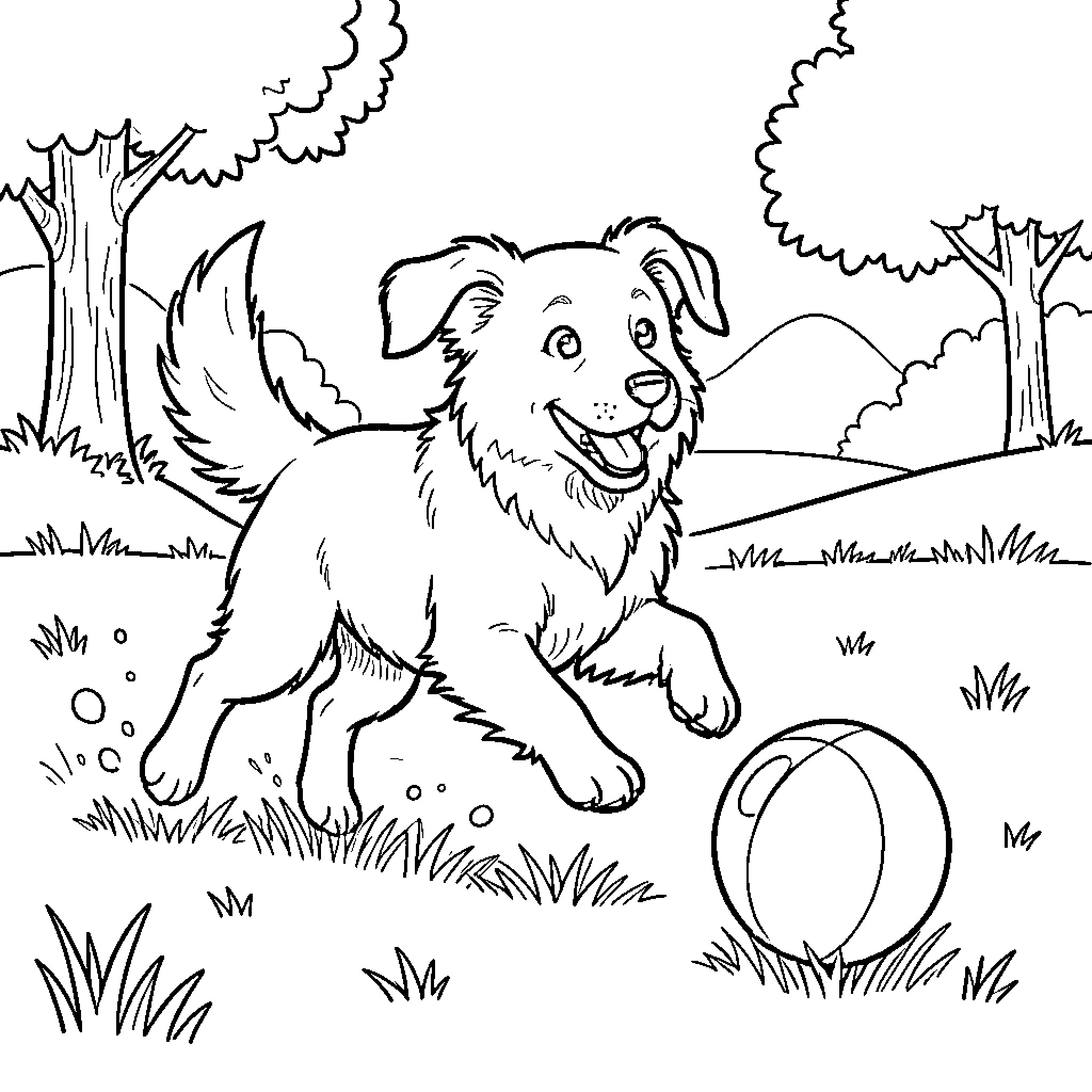 Dog playing with toy in outdoor scene Coloring Page (free black-and-white line drawing printable PDF for all, from beginners to advanced learners, including children, teens, adults, and seniors)