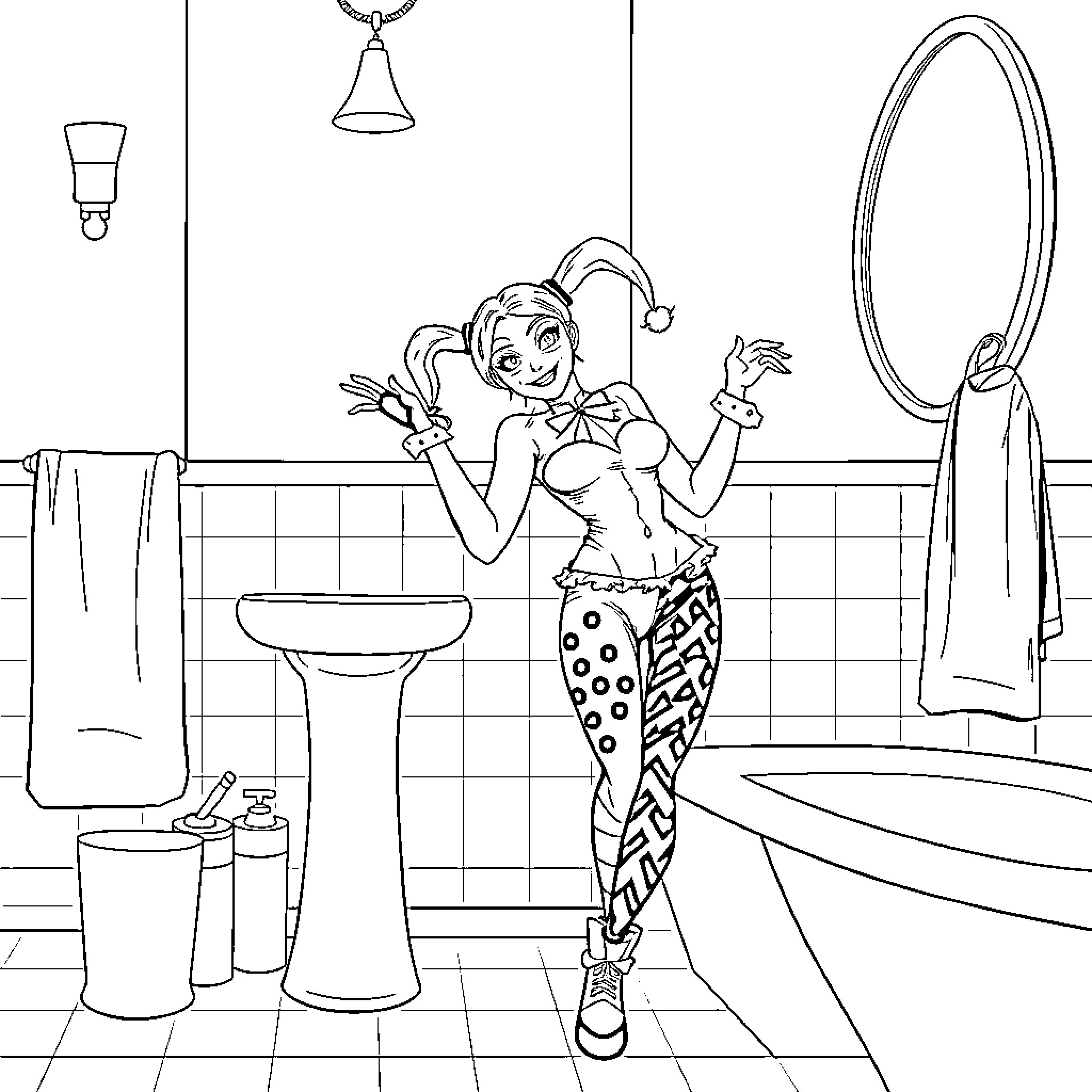 Harley Quinn getting ready in the bathroom Coloring Page (free black-and-white line drawing printable PDF for all, from beginners to advanced learners, including children, teens, adults, and seniors)
