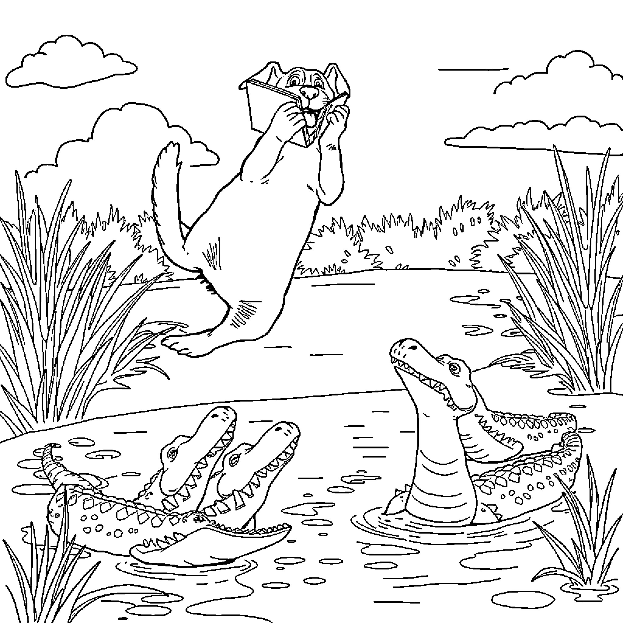 Dog catching frisbee in the lake Coloring Page (free black-and-white line drawing printable PDF for all, from beginners to advanced learners, including children, teens, adults, and seniors)