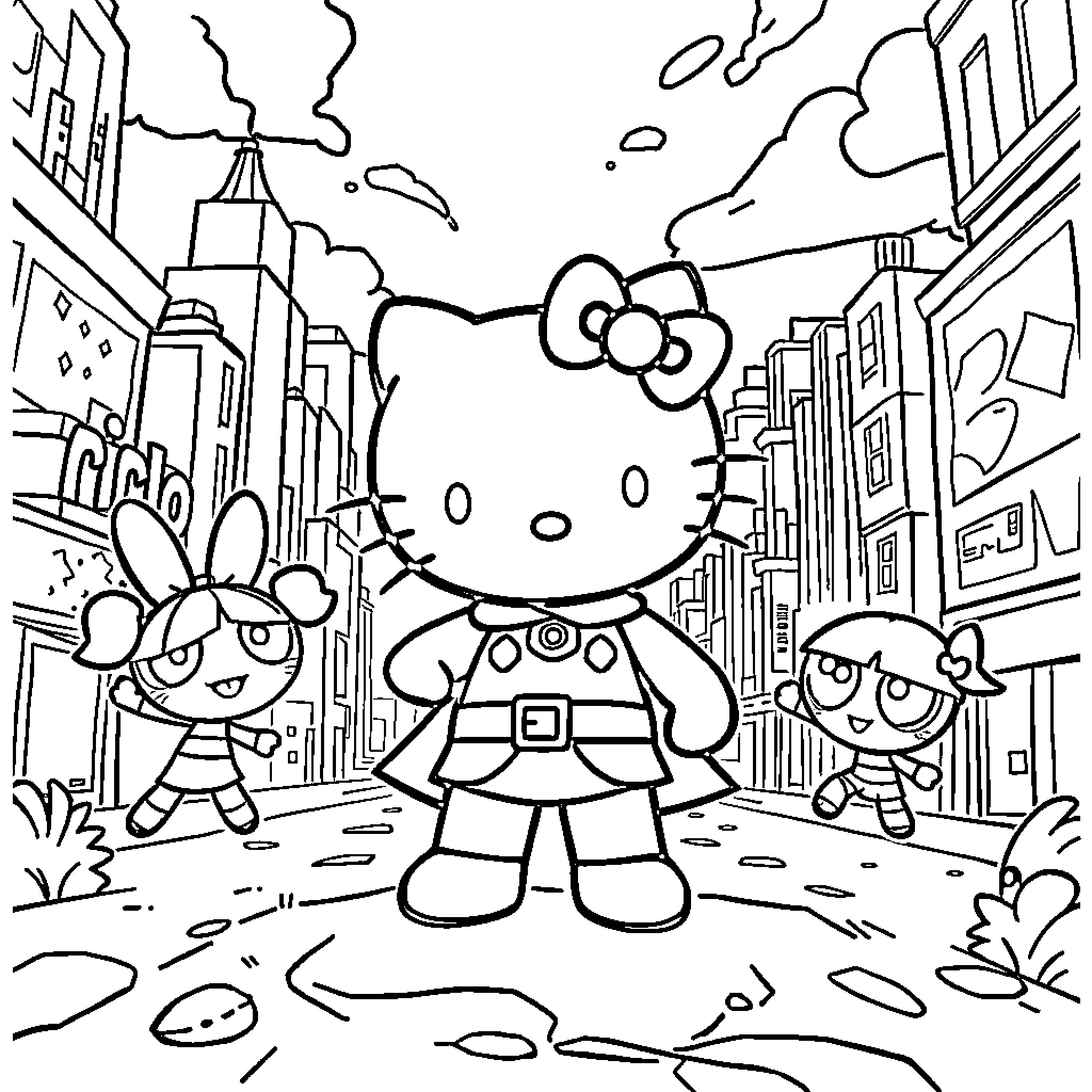Hello Kitty exploring the city with friends Coloring Page (free black-and-white line drawing printable PDF for all, from beginners to advanced learners, including children, teens, adults, and seniors)