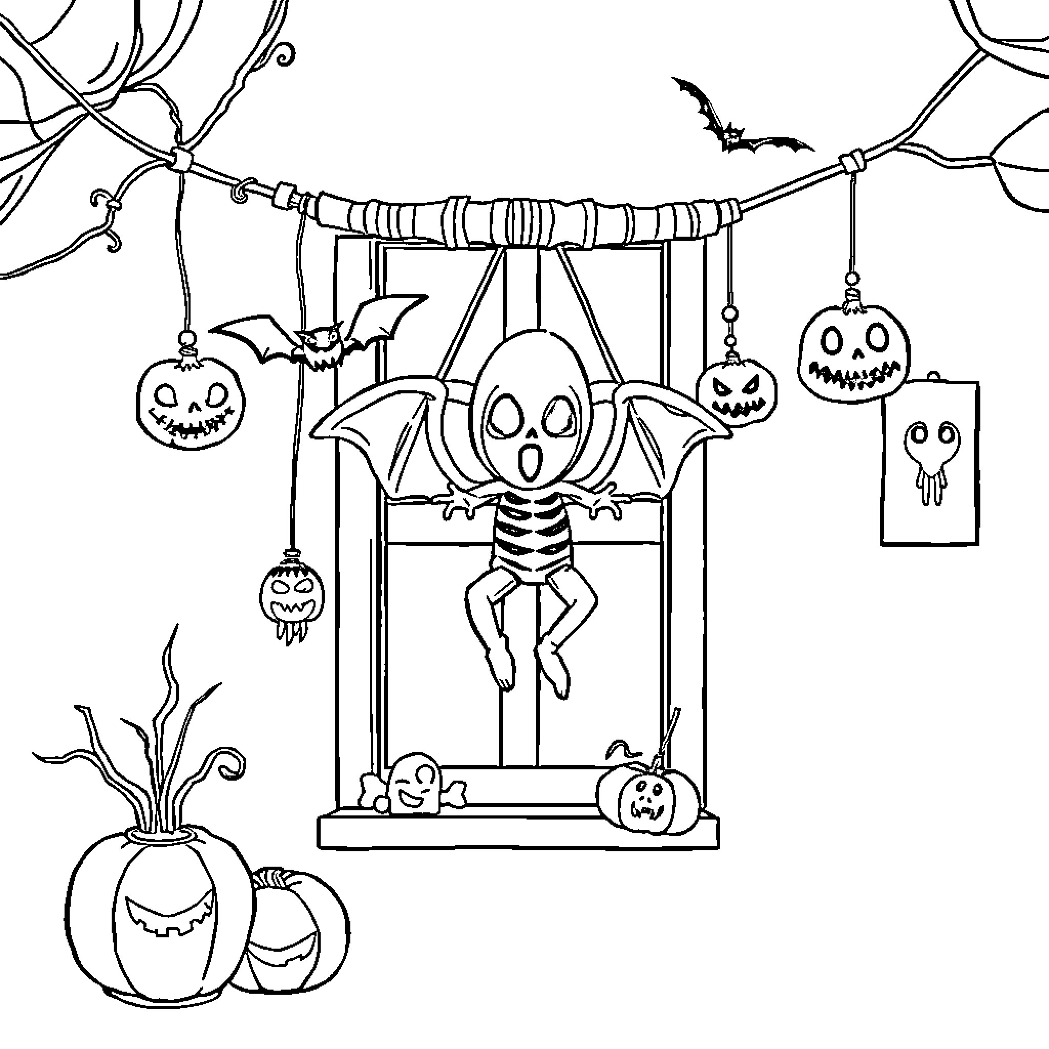 Stitch Halloween: Spooky Decorations and Skeletons Coloring Page (free black-and-white line drawing printable PDF for all, from beginners to advanced learners, including children, teens, adults, and seniors)