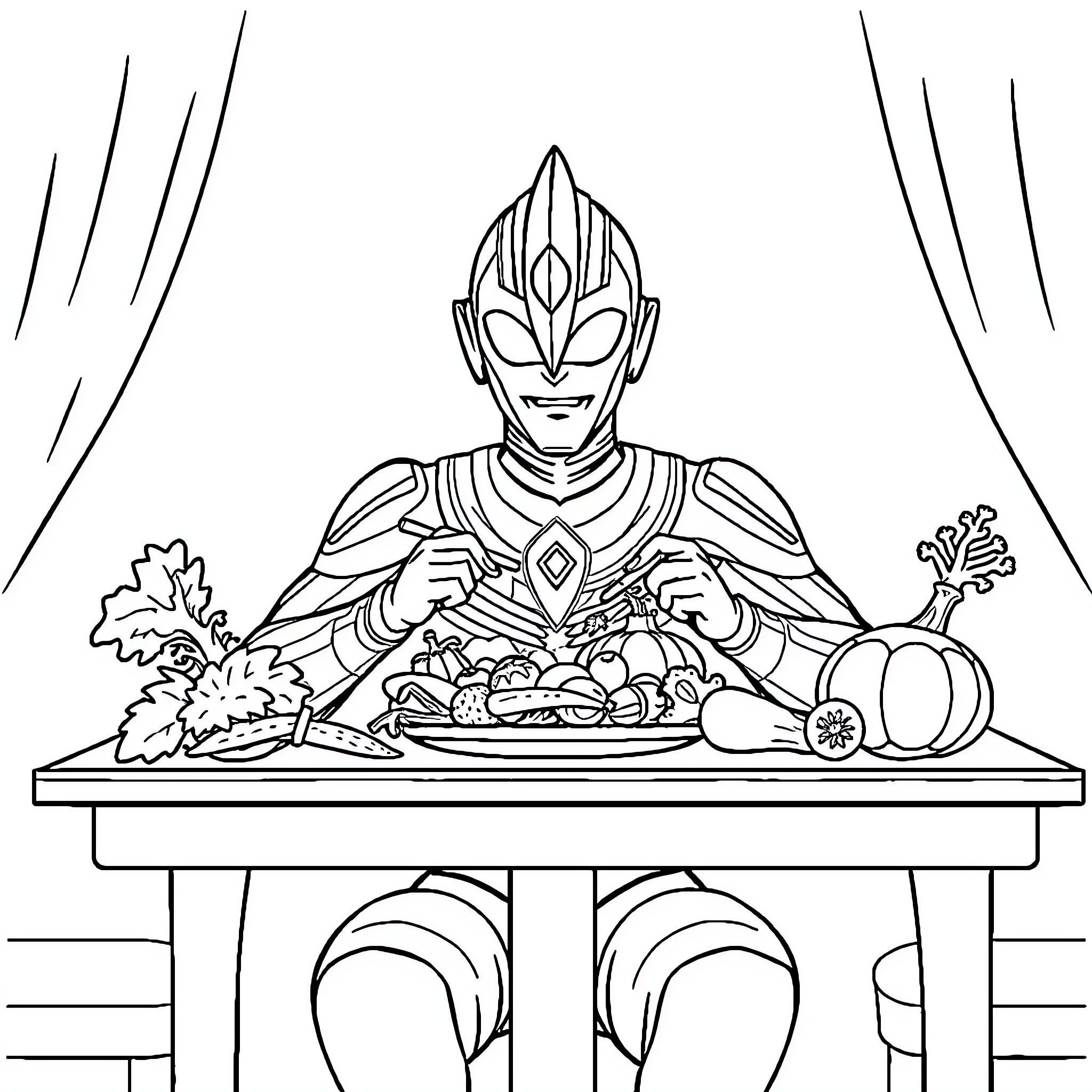 Ultraman serving a feast of fruits and vegetables Coloring Page (free black-and-white line drawing printable PDF for all, from beginners to advanced learners, including children, teens, adults, and seniors)