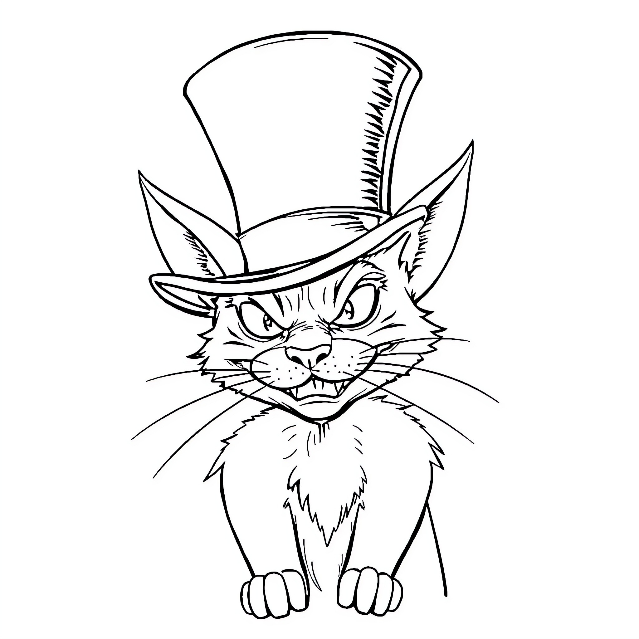 Demon Cat in Top Hat with Mischievous Expression Coloring Page (free black-and-white line drawing printable PDF for all, from beginners to advanced learners, including children, teens, adults, and seniors)