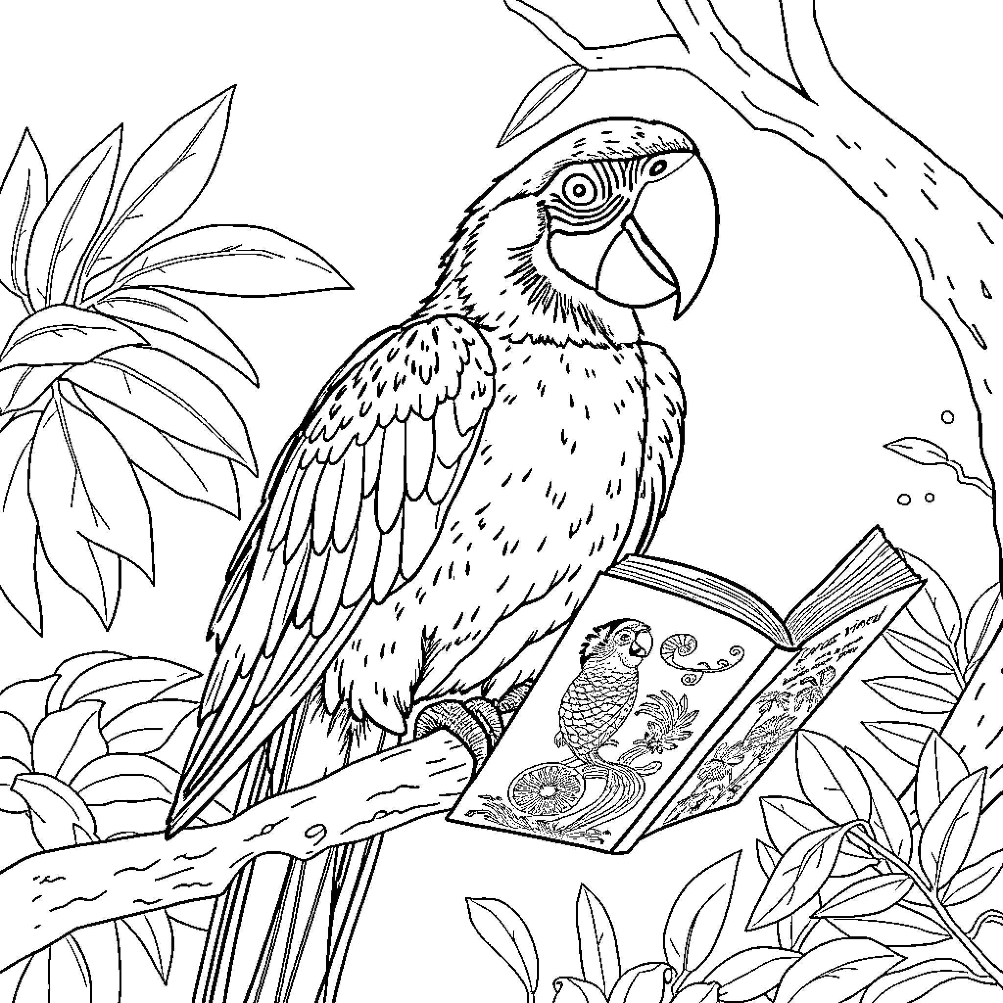 Macaw sitting on a branch with a book Coloring Page (free black-and-white line drawing printable PDF for all, from beginners to advanced learners, including children, teens, adults, and seniors)