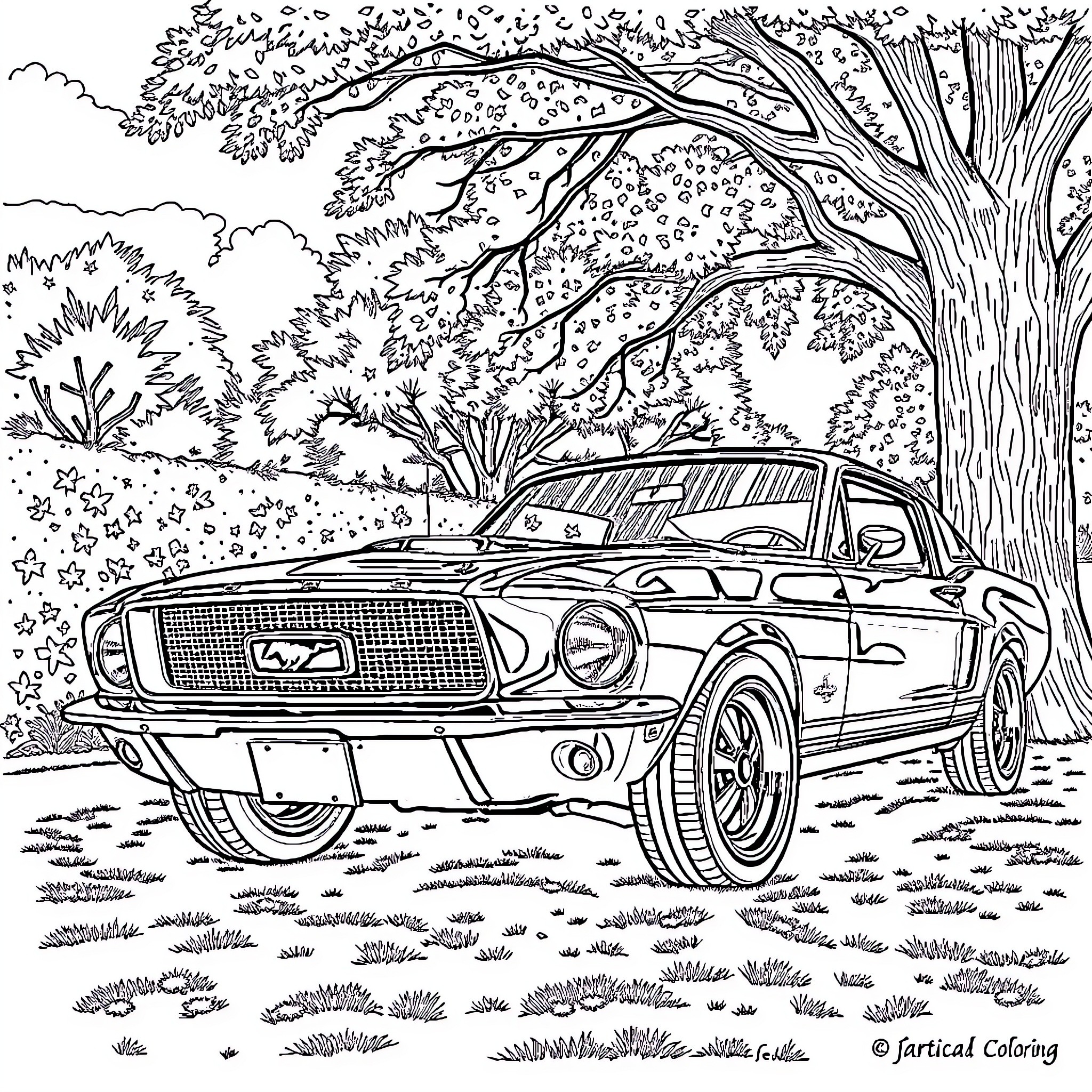 Ford Mustang in serene natural setting Coloring Page (free black-and-white line drawing printable PDF for all, from beginners to advanced learners, including children, teens, adults, and seniors)