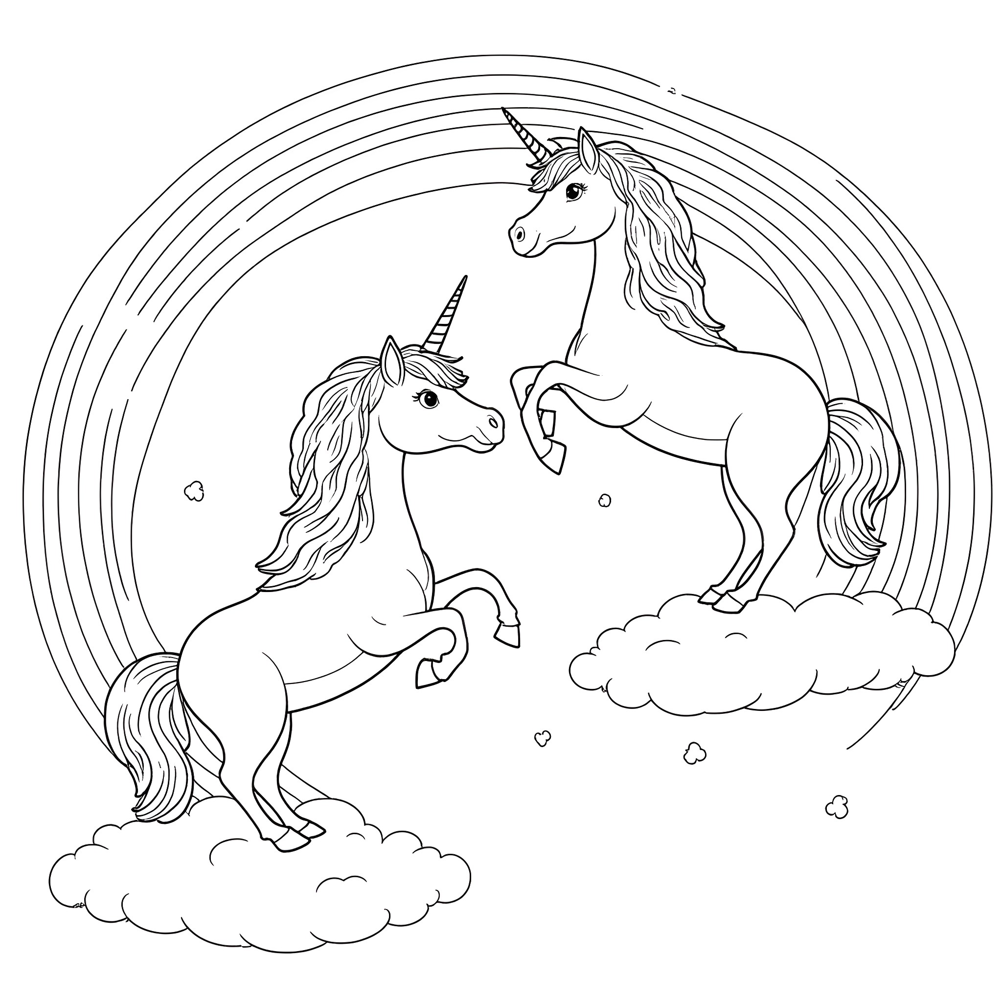 Unicorn pair frolicking in the clouds Coloring Page (free black-and-white line drawing printable PDF for all, from beginners to advanced learners, including children, teens, adults, and seniors)