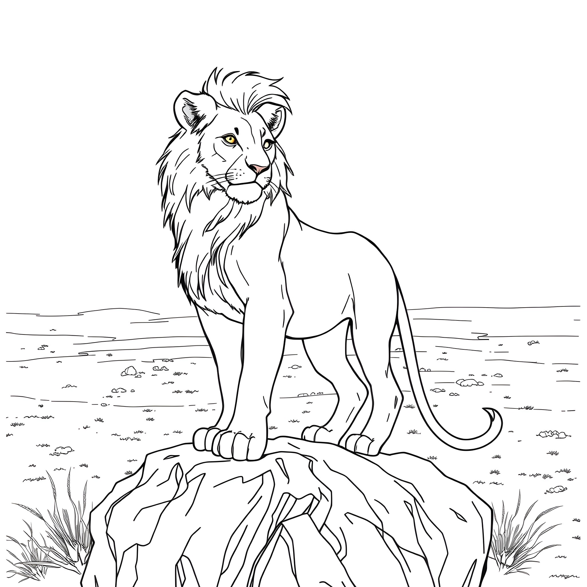 Nala the Lion Standing Proud on a Rocky Outcrop Coloring Page (free black-and-white line drawing printable PDF for all, from beginners to advanced learners, including children, teens, adults, and seniors)
