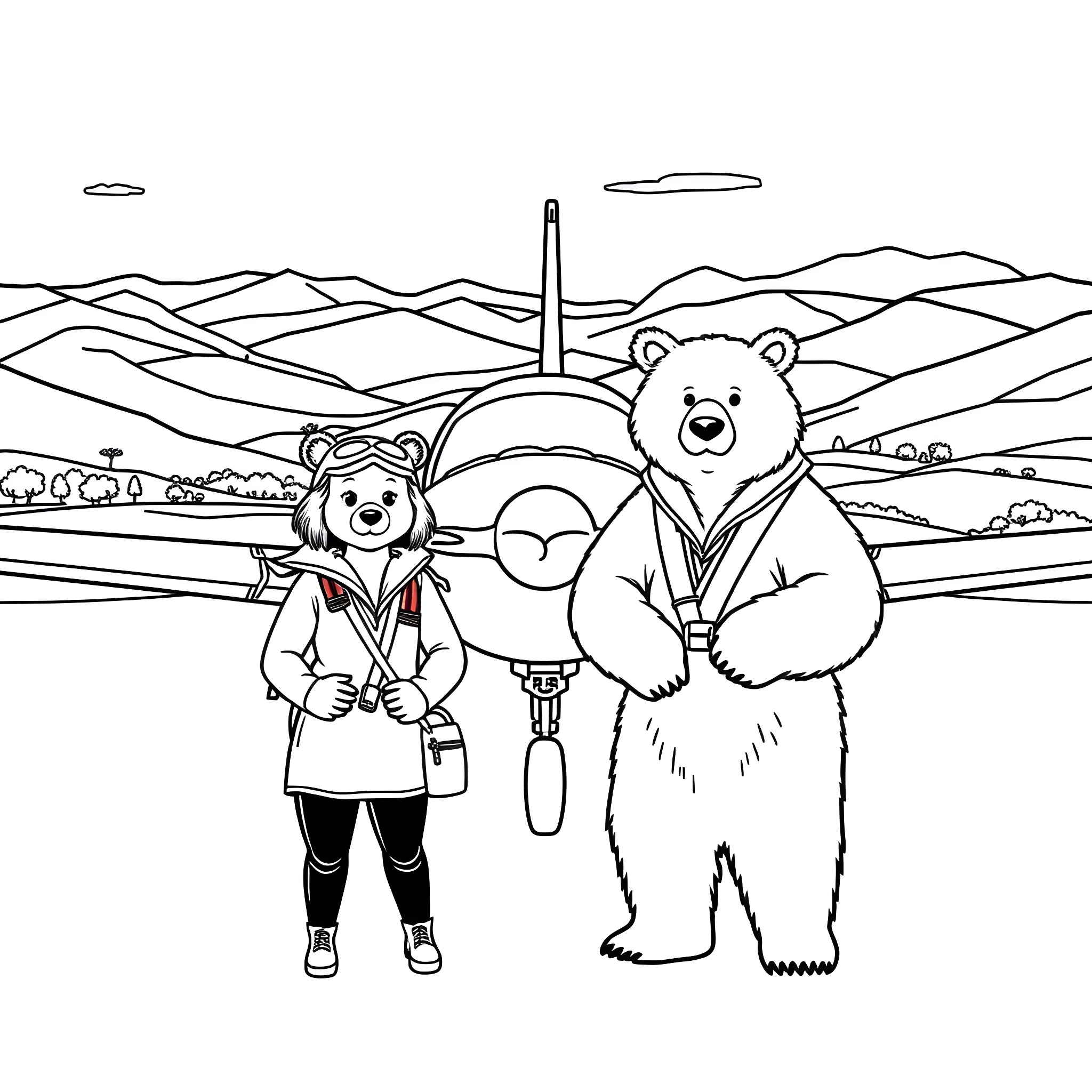 Bear tourists exploring the scenic landscape Coloring Page (free black-and-white line drawing printable PDF for all, from beginners to advanced learners, including children, teens, adults, and seniors)