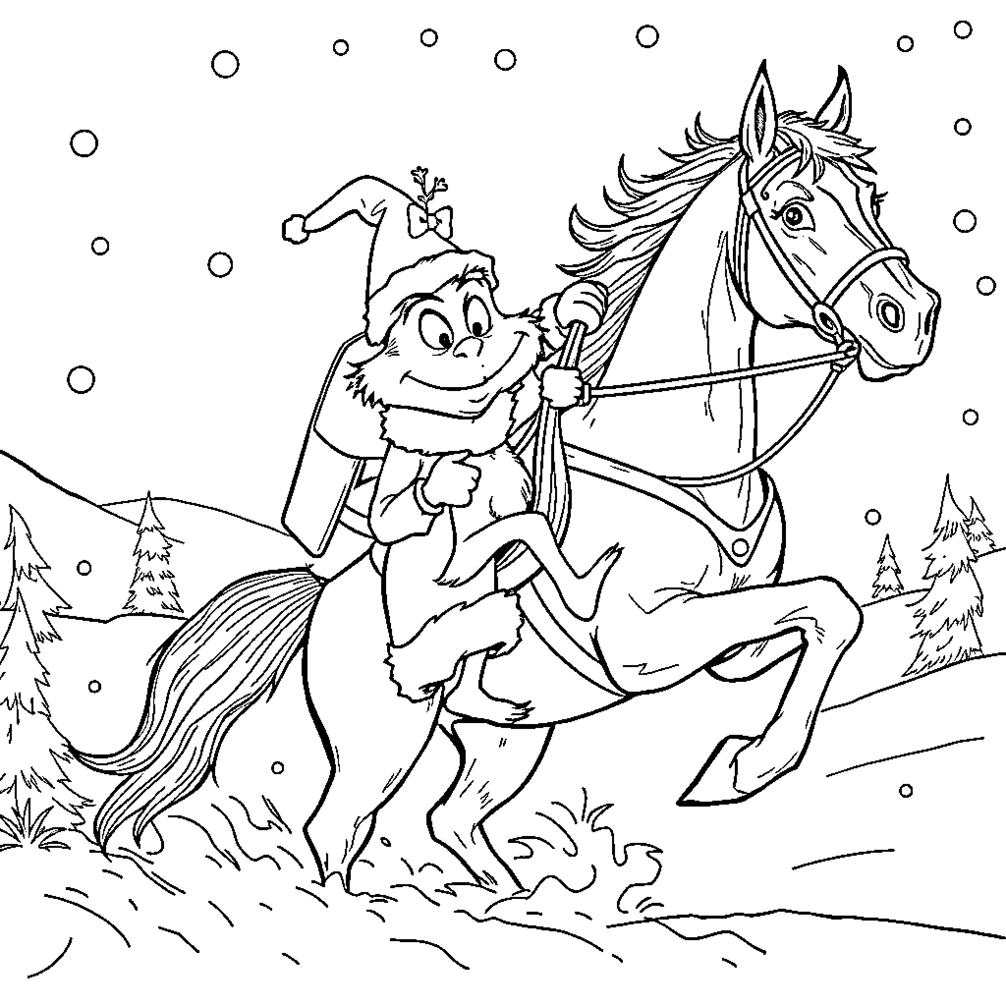 Santa riding a horse in a winter wonderland Coloring Page (free black-and-white line drawing printable PDF for all, from beginners to advanced learners, including children, teens, adults, and seniors)