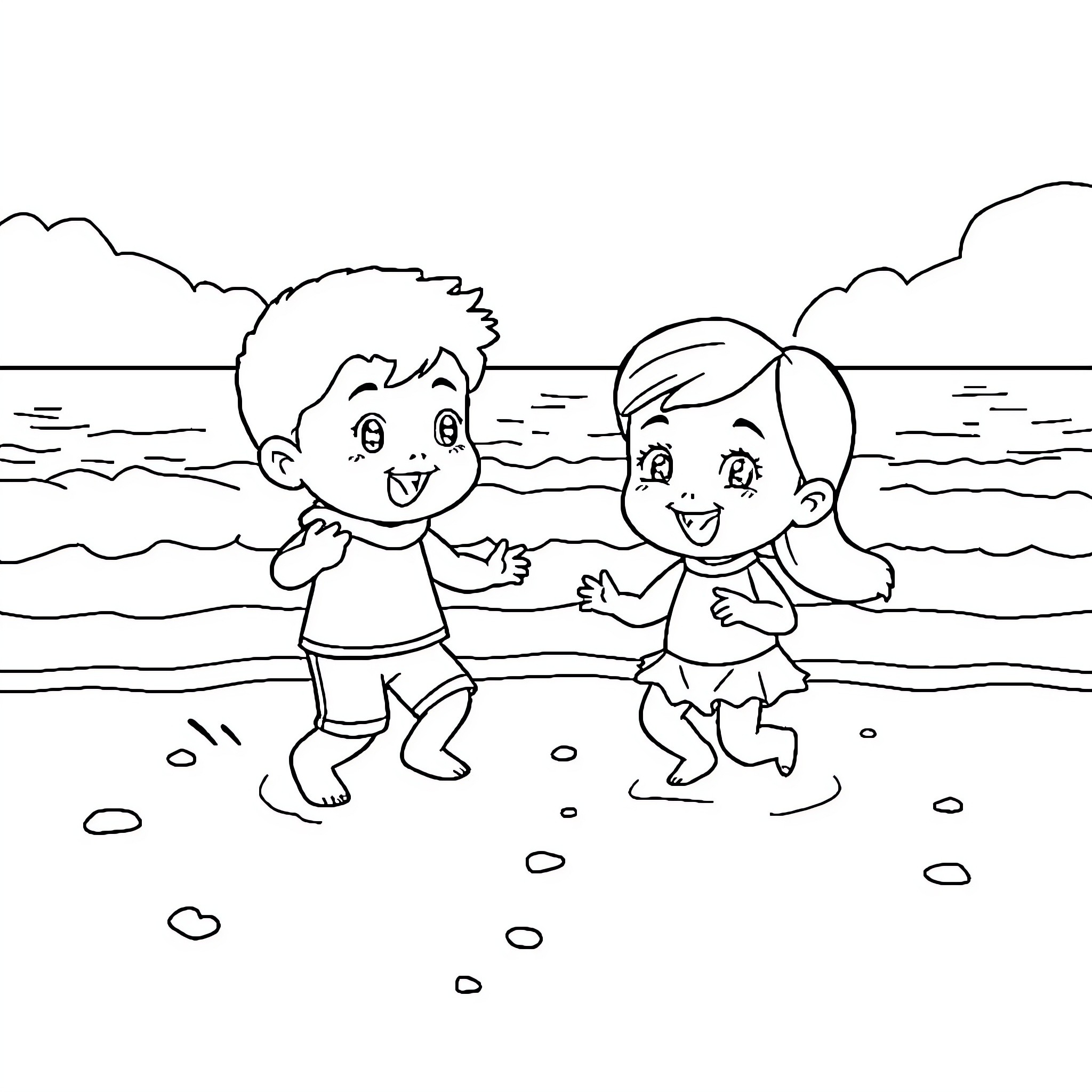 Pocoyo's playful beach day with a friend Coloring Page (free black-and-white line drawing printable PDF for all, from beginners to advanced learners, including children, teens, adults, and seniors)