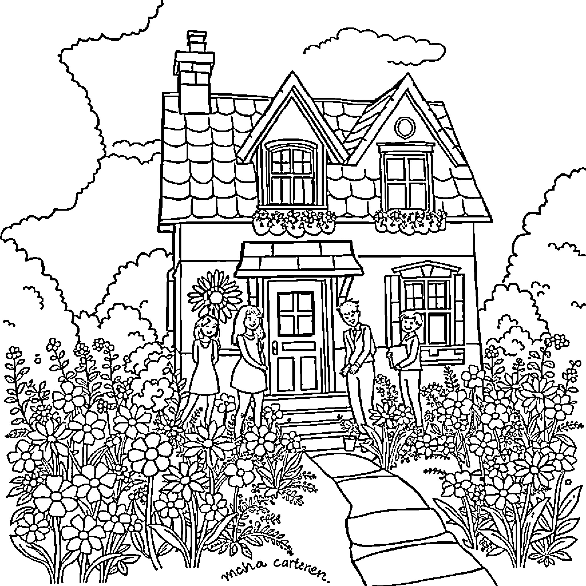 House with people in a lush garden Coloring Page (free black-and-white line drawing printable PDF for all, from beginners to advanced learners, including children, teens, adults, and seniors)