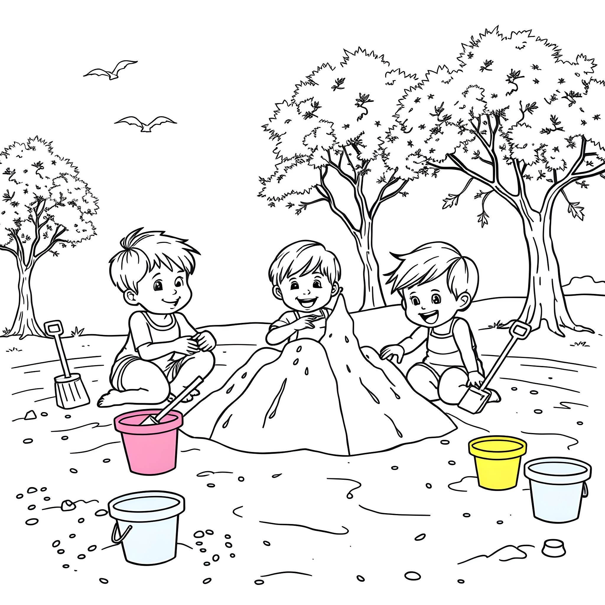 Kids Playing in the Park Coloring Page (free black-and-white line drawing printable PDF for all, from beginners to advanced learners, including children, teens, adults, and seniors)