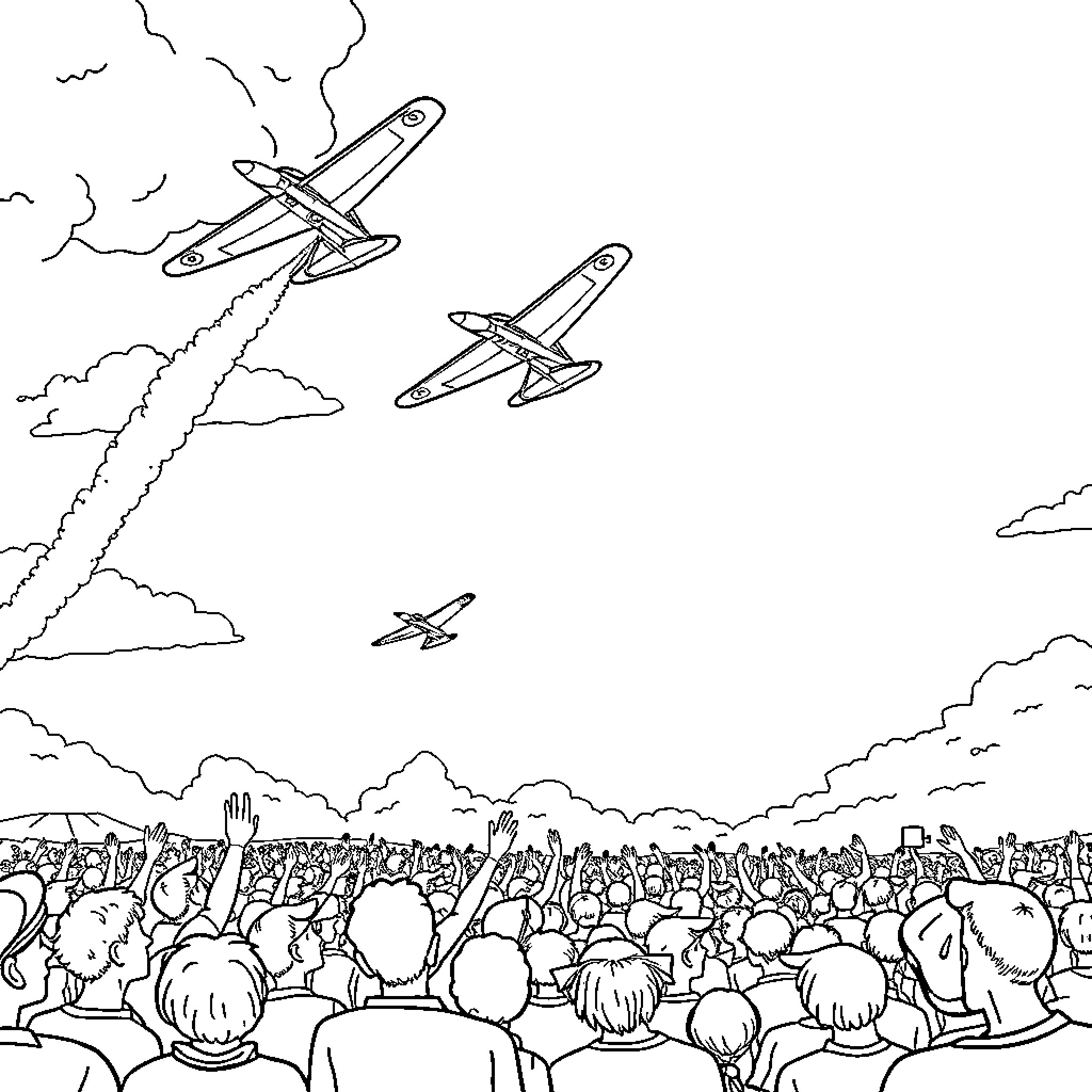 Plane acrobatics over a cheering crowd Coloring Page (free black-and-white line drawing printable PDF for all, from beginners to advanced learners, including children, teens, adults, and seniors)