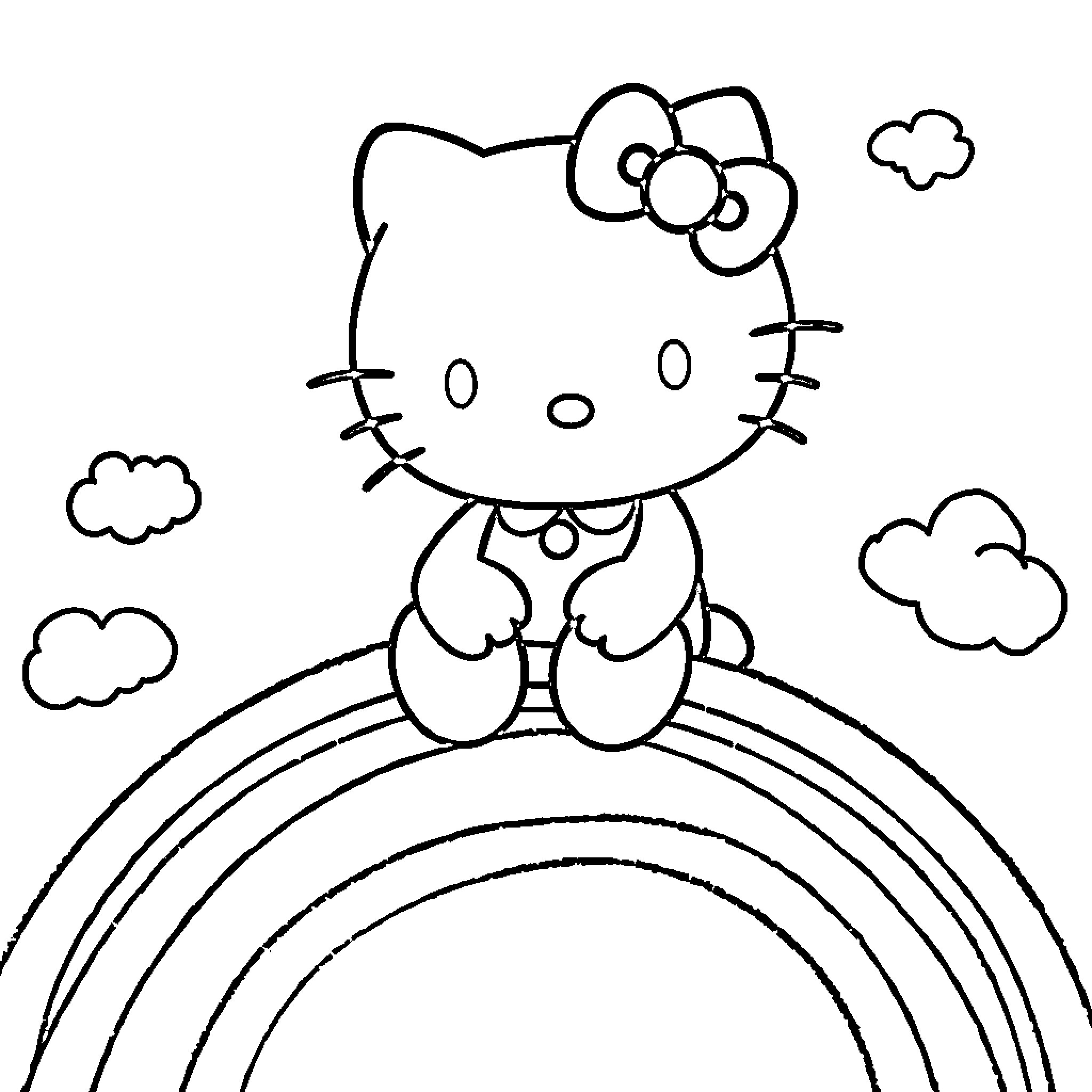 Hello Kitty sitting on a rainbow Coloring Page (free black-and-white line drawing printable PDF for all, from beginners to advanced learners, including children, teens, adults, and seniors)