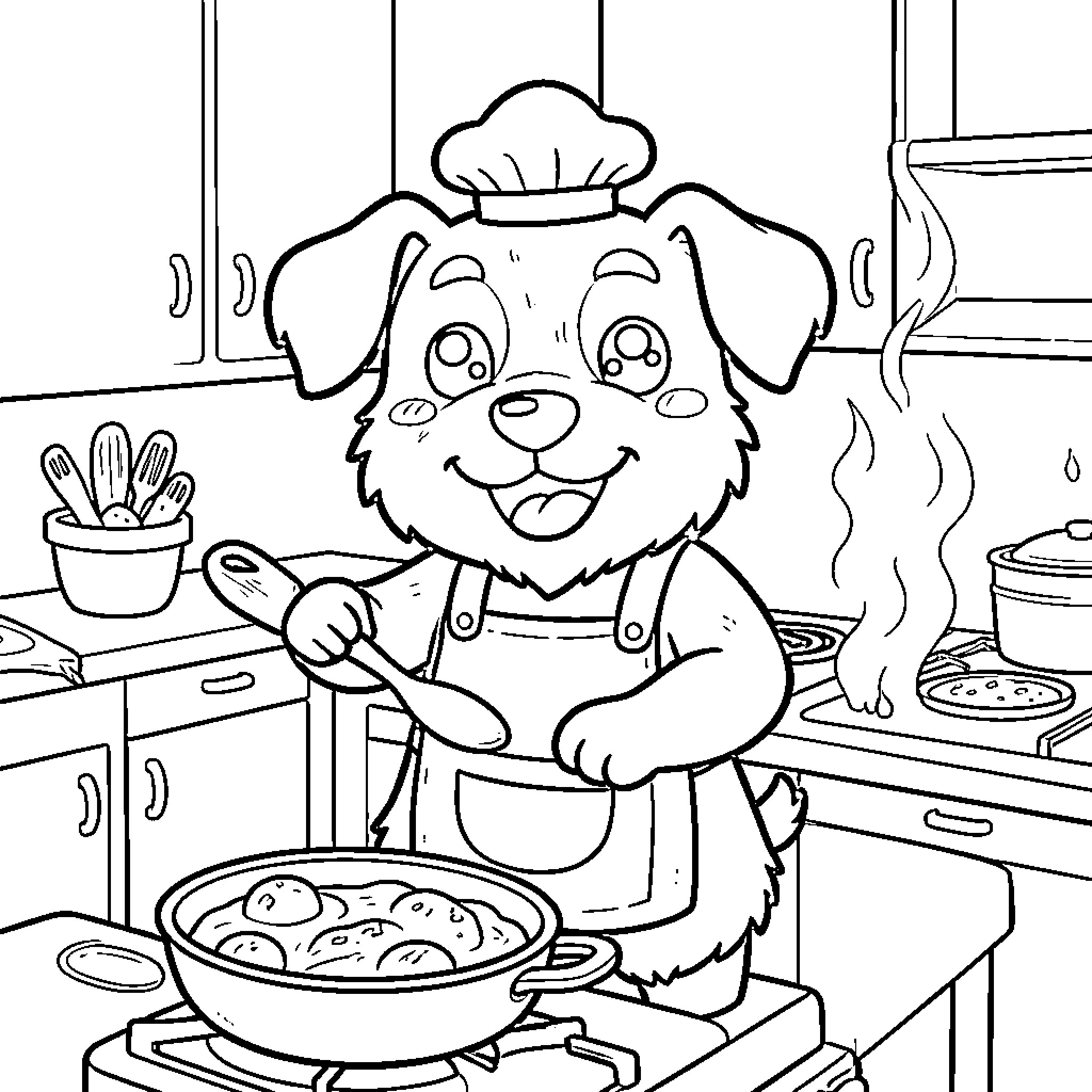 Dachshund chef cooking a tasty meal in the kitchen Coloring Page (free black-and-white line drawing printable PDF for all, from beginners to advanced learners, including children, teens, adults, and seniors)