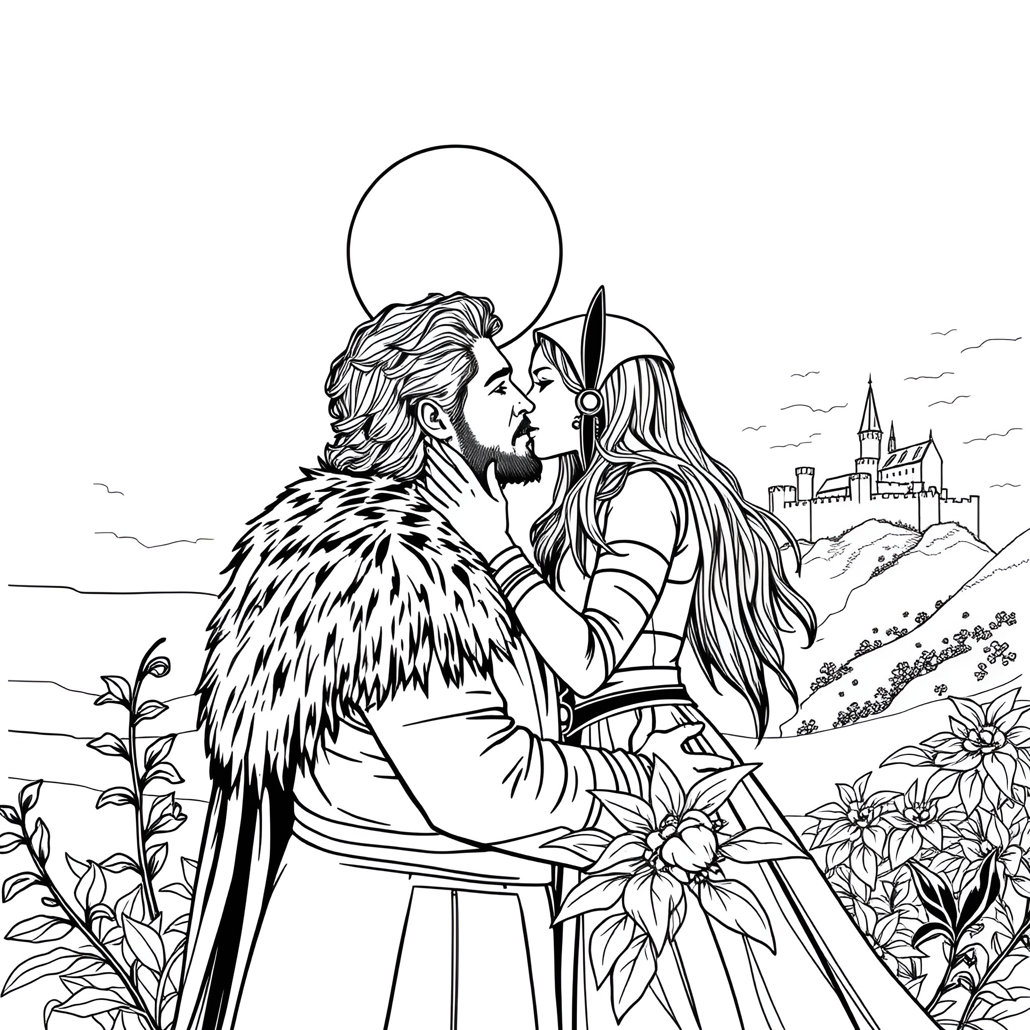 Jon Snow and Ygritte's intimate moment in the wilderness Coloring Page (free black-and-white line drawing printable PDF for all, from beginners to advanced learners, including children, teens, adults, and seniors)