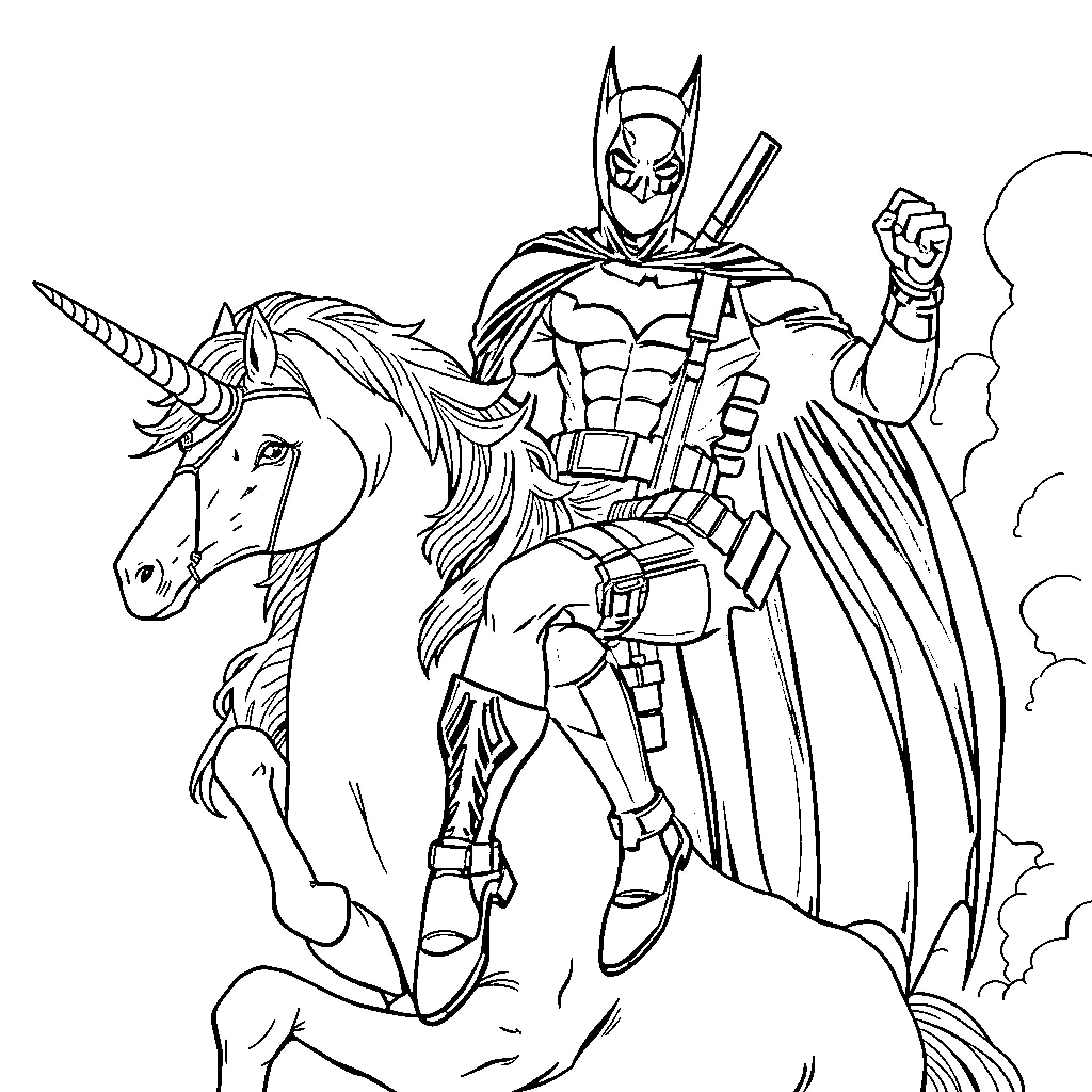 Deadpool riding a unicorn with weapons and armor Coloring Page (free black-and-white line drawing printable PDF for all, from beginners to advanced learners, including children, teens, adults, and seniors)