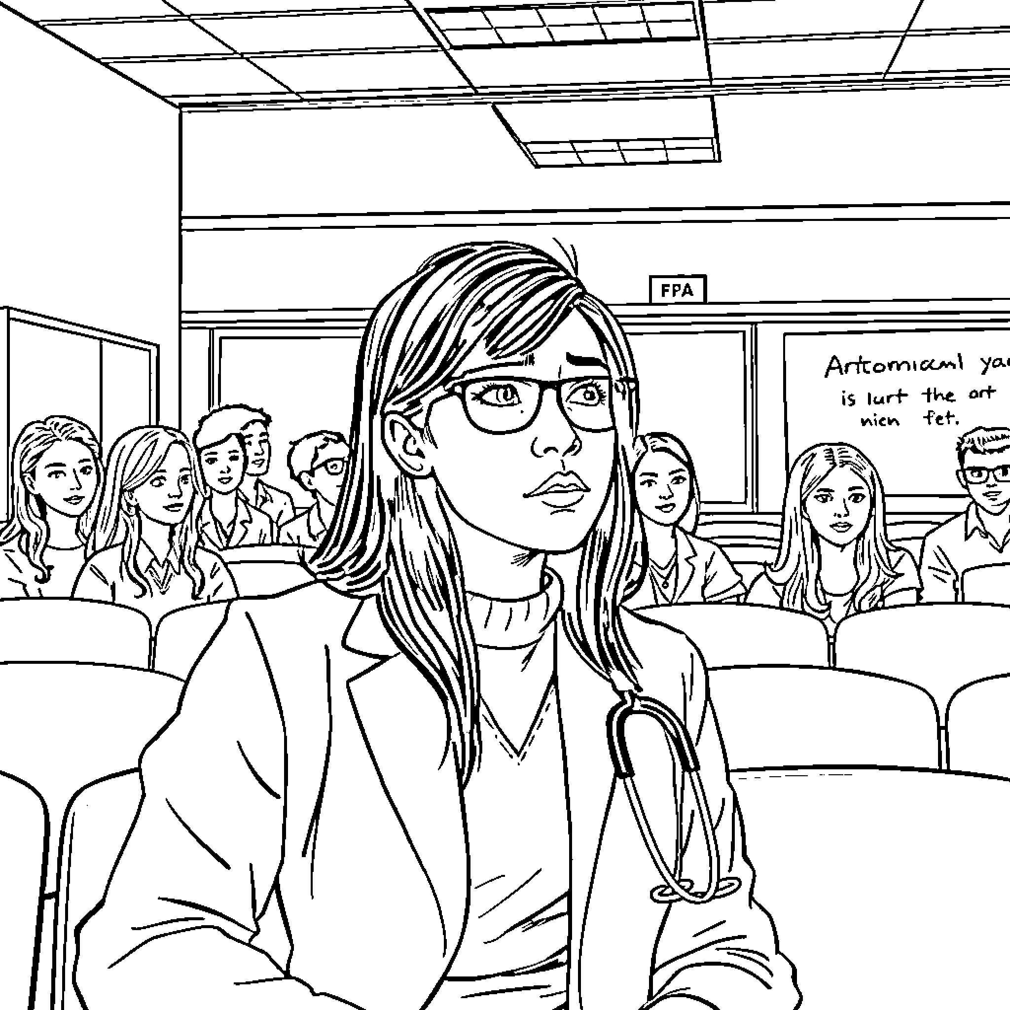 Student in classroom with peers and whiteboard Coloring Page (free black-and-white line drawing printable PDF for all, from beginners to advanced learners, including children, teens, adults, and seniors)