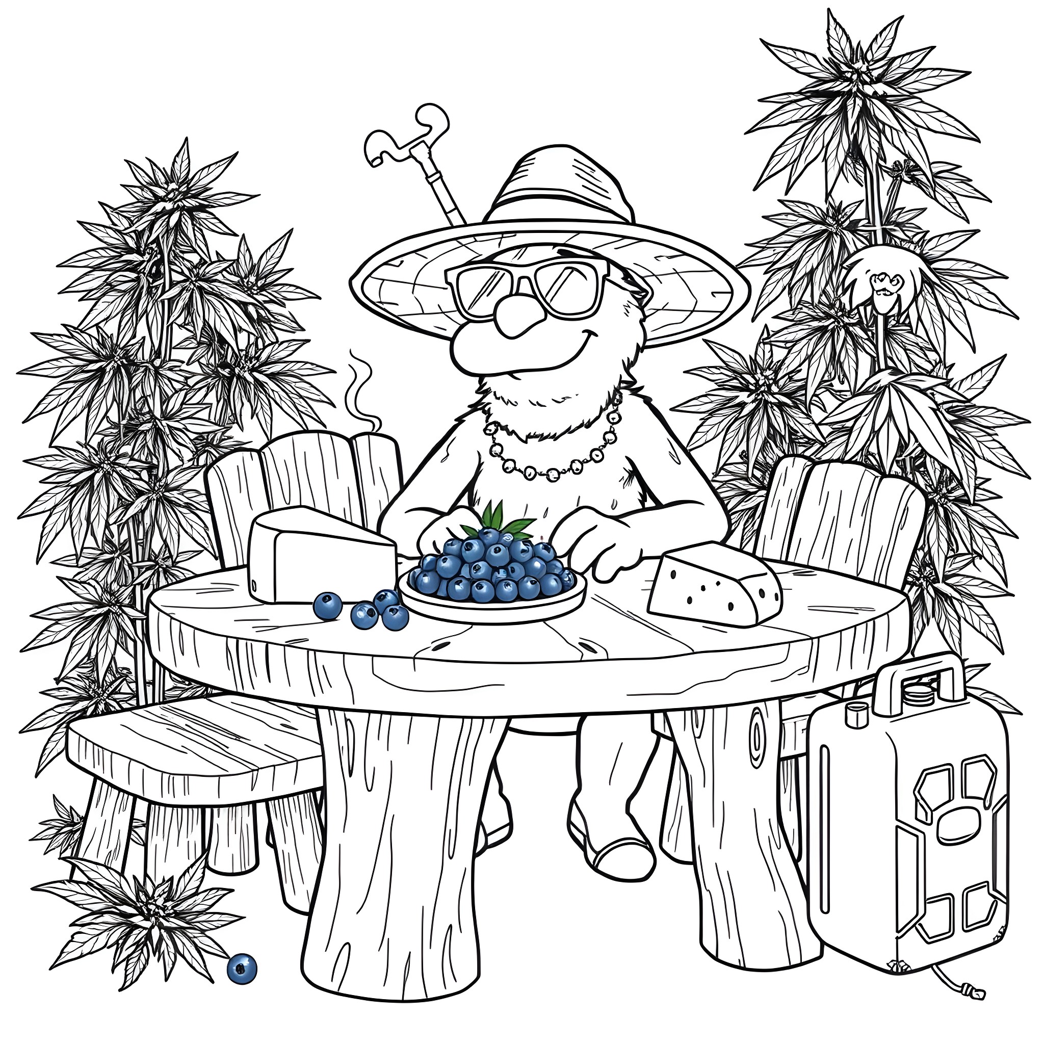 Shmoo enjoying a picnic in the woods Coloring Page (free black-and-white line drawing printable PDF for all, from beginners to advanced learners, including children, teens, adults, and seniors)