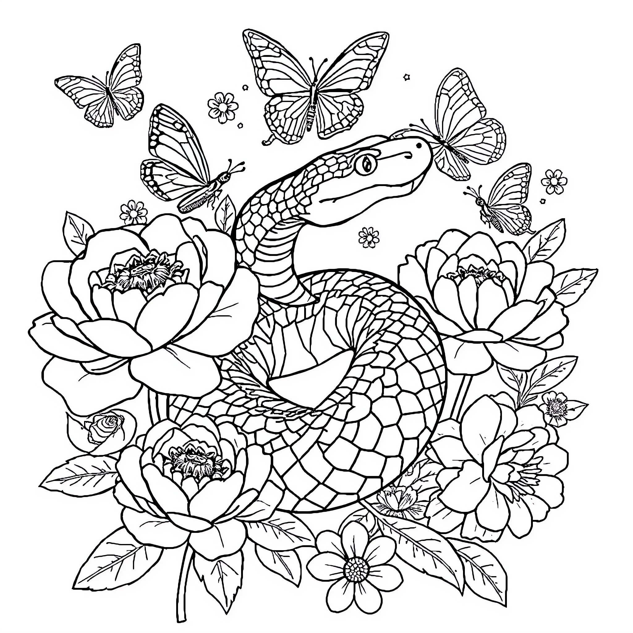 Snake surrounded by blooming flowers and butterflies Coloring Page (free black-and-white line drawing printable PDF for all, from beginners to advanced learners, including children, teens, adults, and seniors)