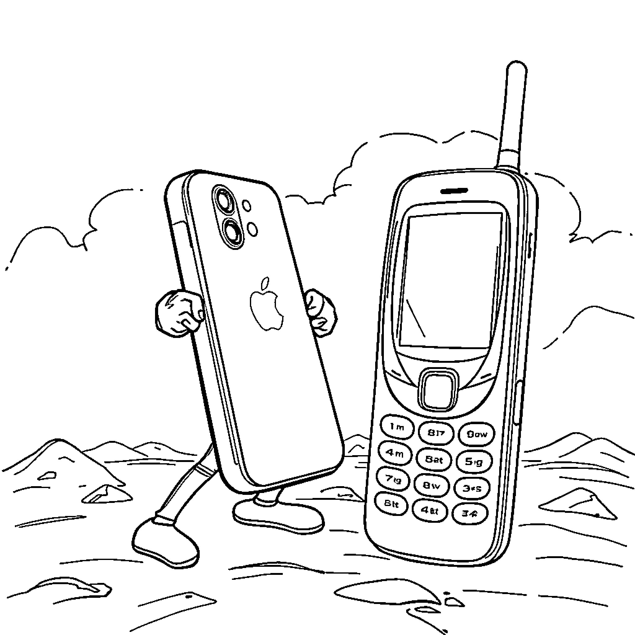 iPhone characters in a playful outdoor scene Coloring Page (free black-and-white line drawing printable PDF for all, from beginners to advanced learners, including children, teens, adults, and seniors)