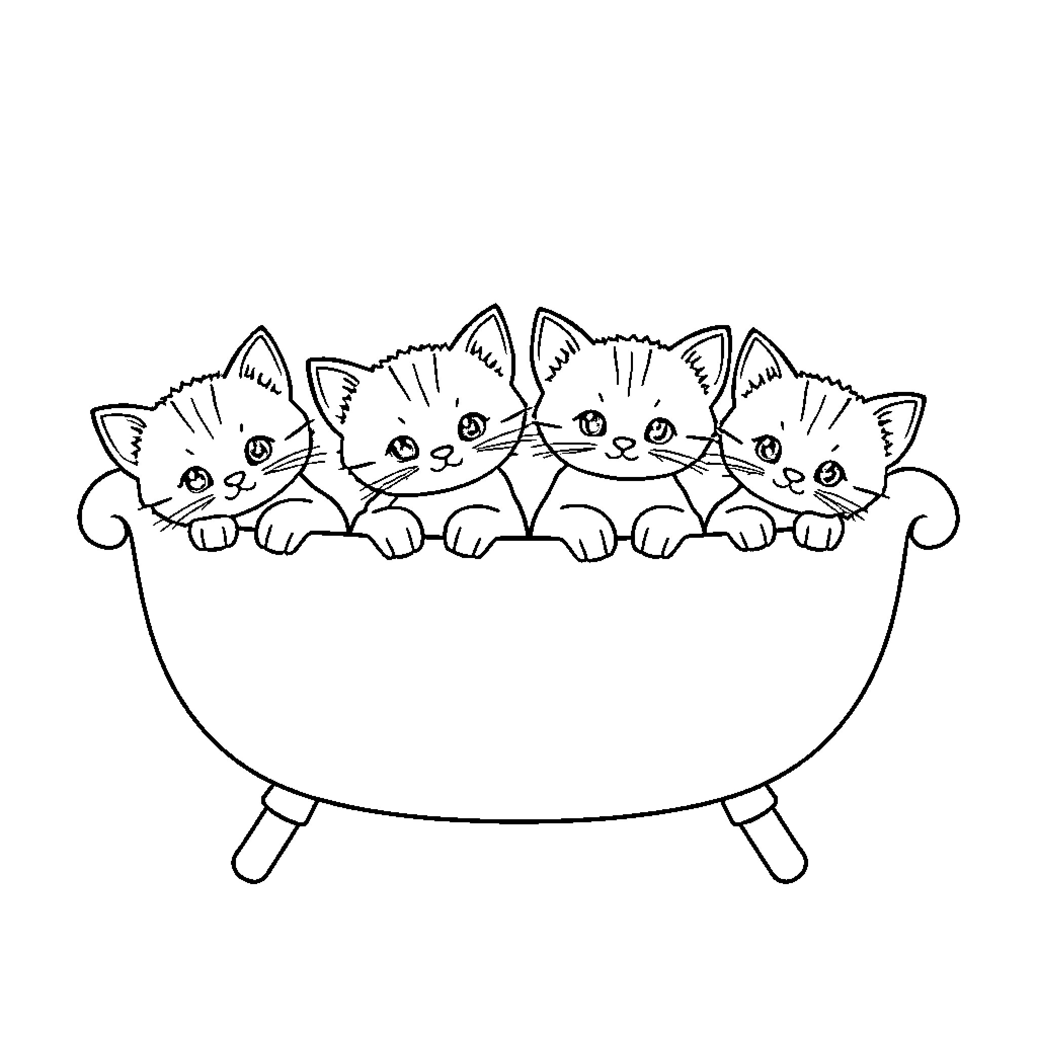 Kittens relaxing in a cozy bathtub Coloring Page (free black-and-white line drawing printable PDF for all, from beginners to advanced learners, including children, teens, adults, and seniors)