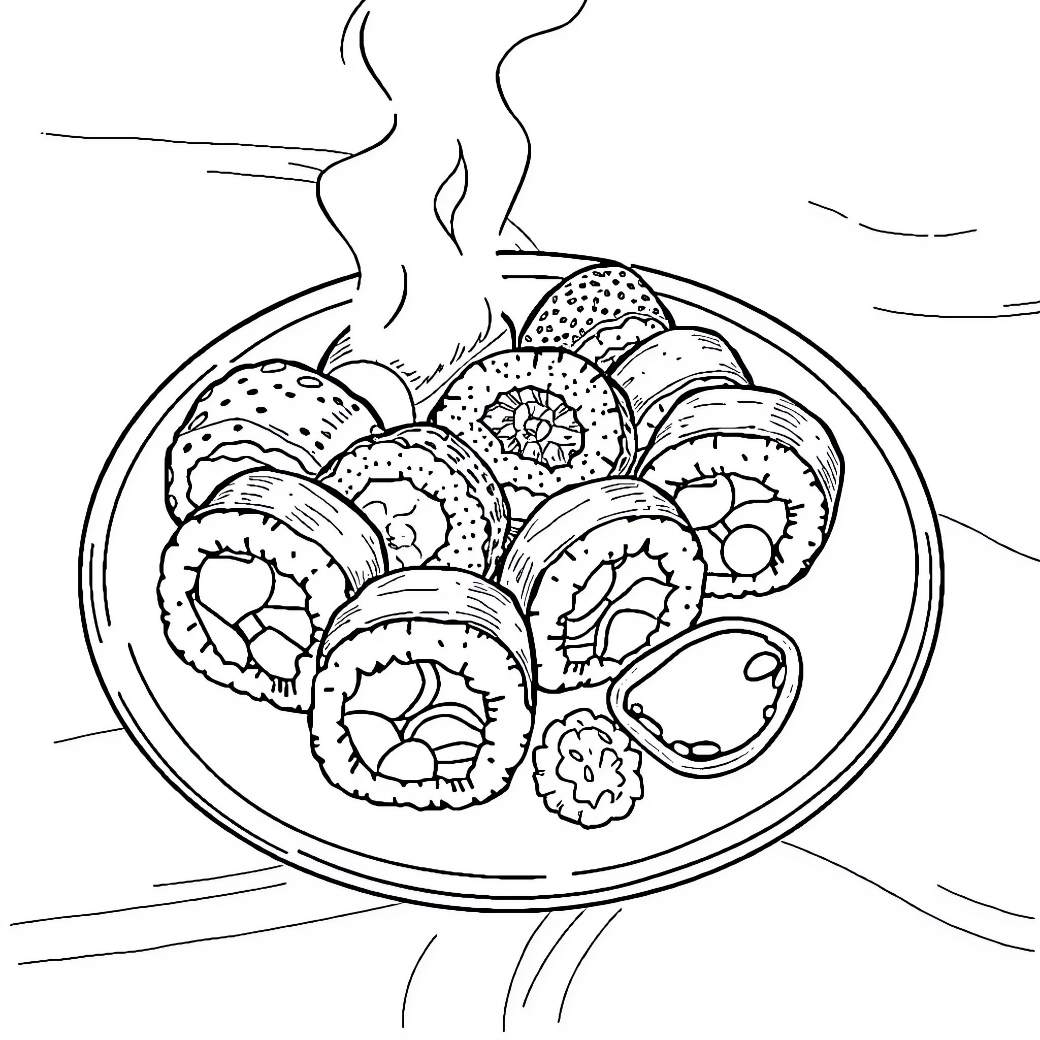 Sushi Platter with Steaming Hot Rolls Coloring Page (free black-and-white line drawing printable PDF for all, from beginners to advanced learners, including children, teens, adults, and seniors)