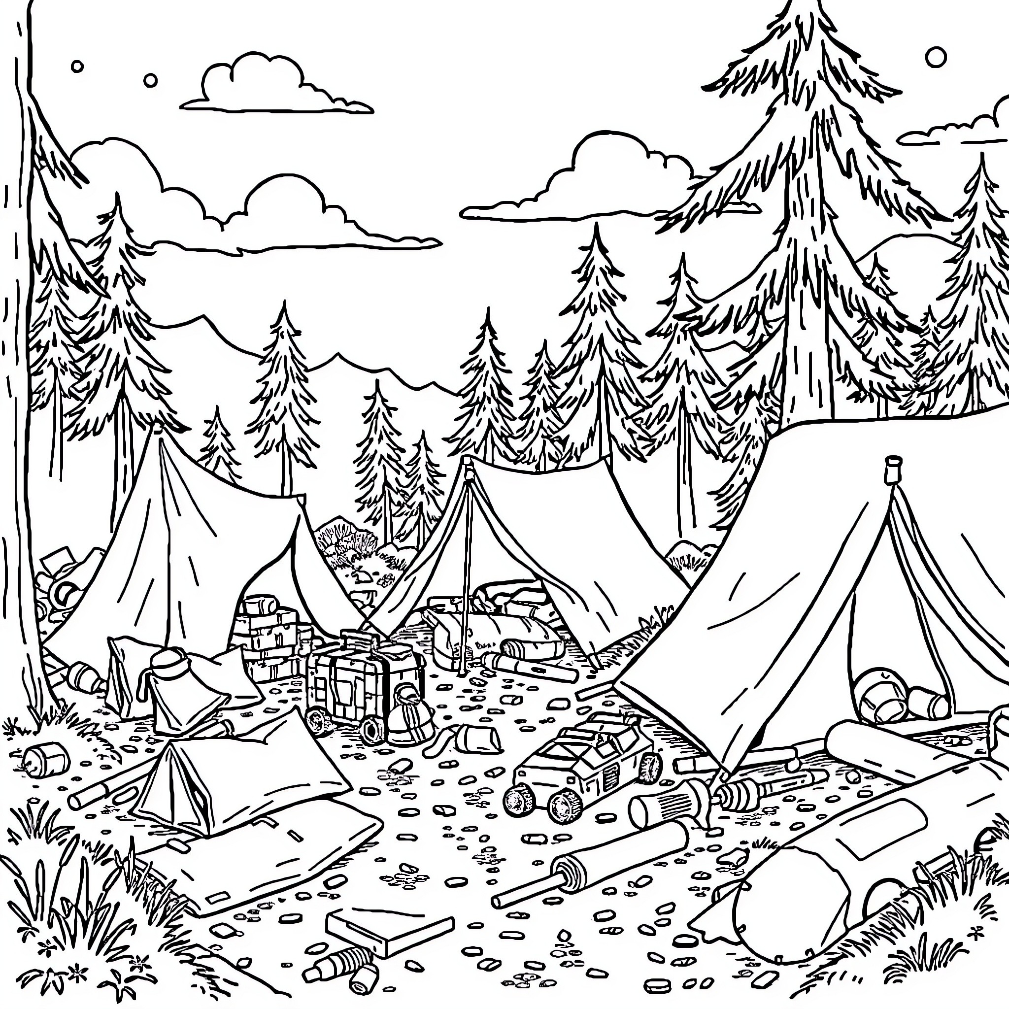 Camp in the Peaceful Forest Landscape Coloring Page (free black-and-white line drawing printable PDF for all, from beginners to advanced learners, including children, teens, adults, and seniors)