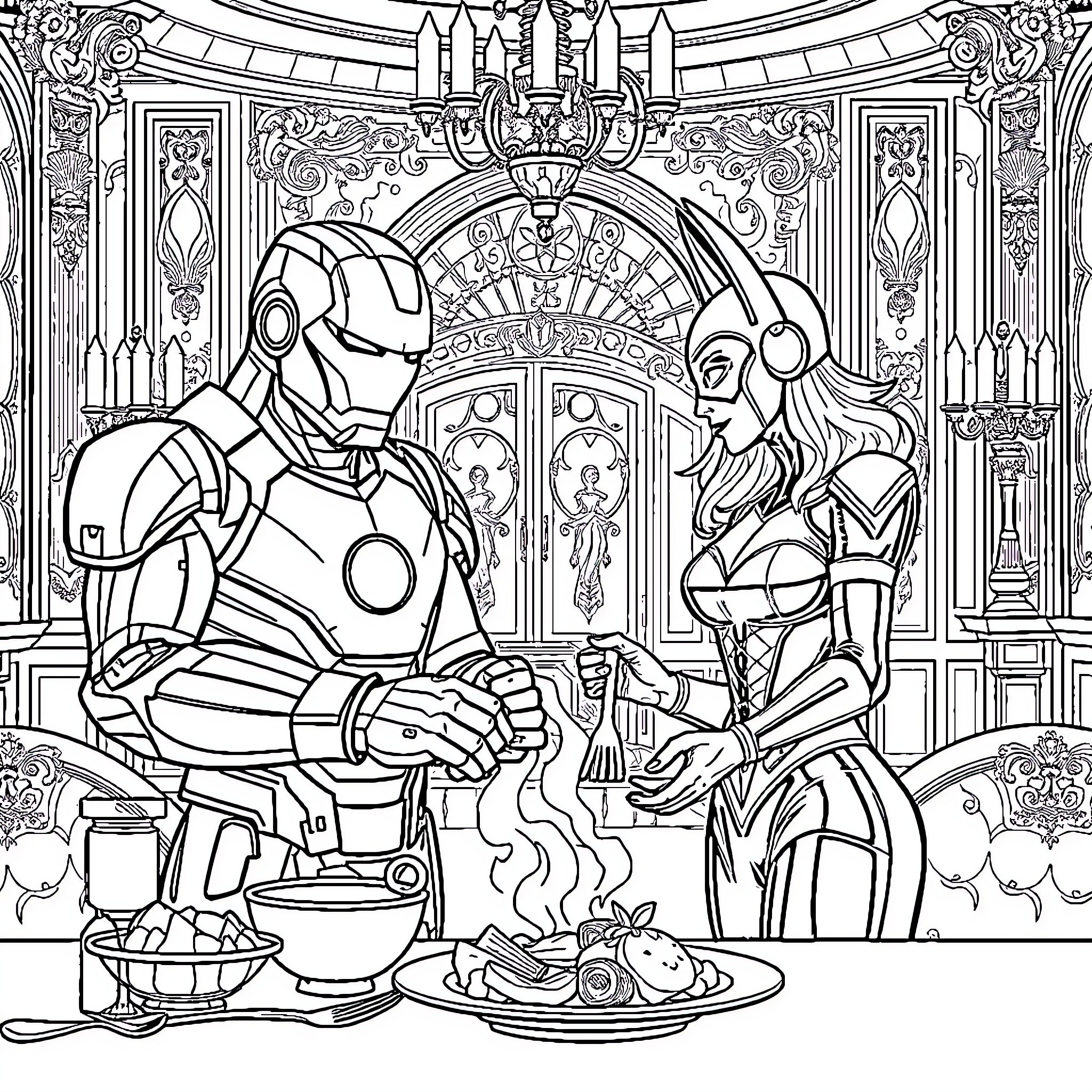Iron Man and Loki dining in a grand hall Coloring Page (free black-and-white line drawing printable PDF for all, from beginners to advanced learners, including children, teens, adults, and seniors)