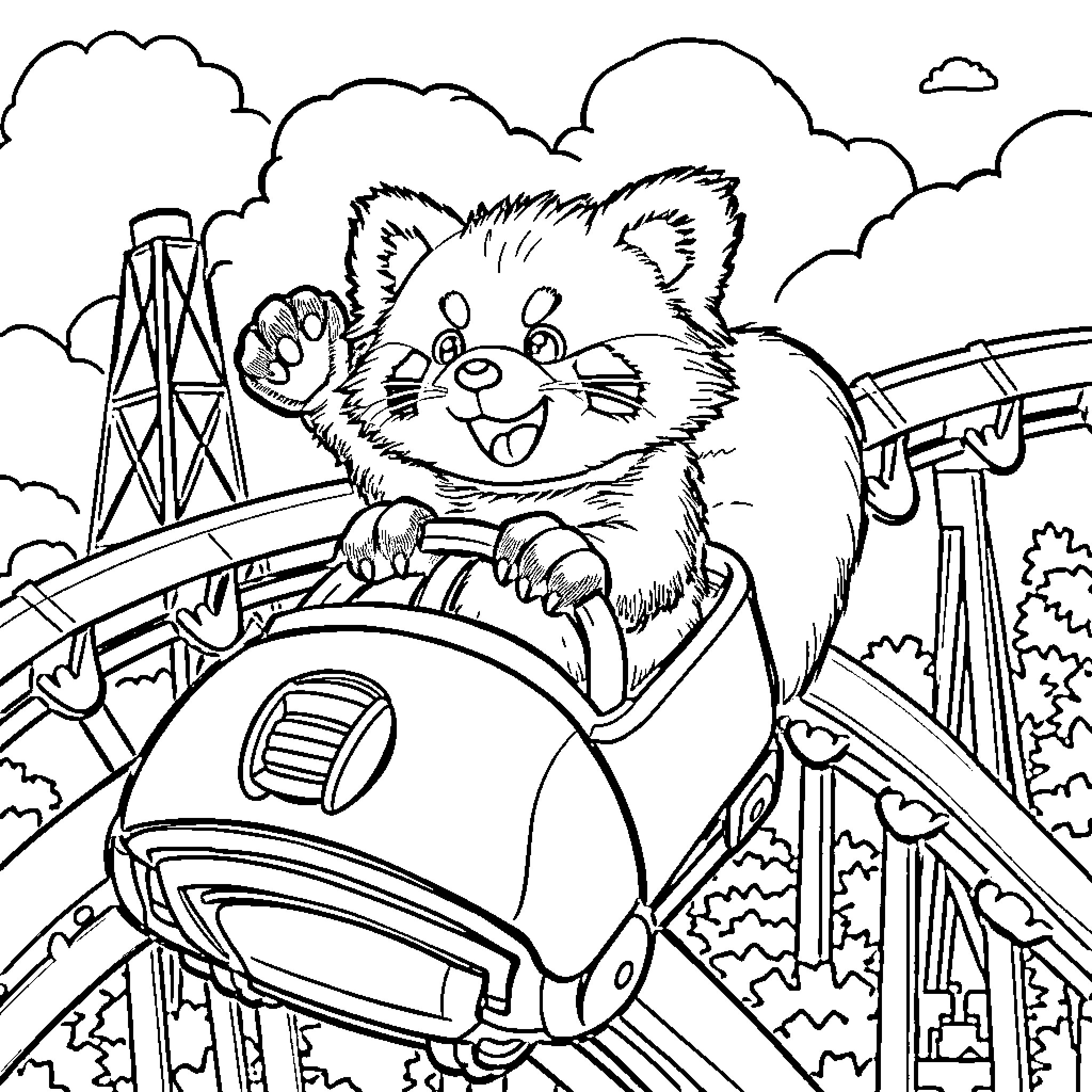 Red Panda riding a roller coaster in the park Coloring Page (free black-and-white line drawing printable PDF for all, from beginners to advanced learners, including children, teens, adults, and seniors)