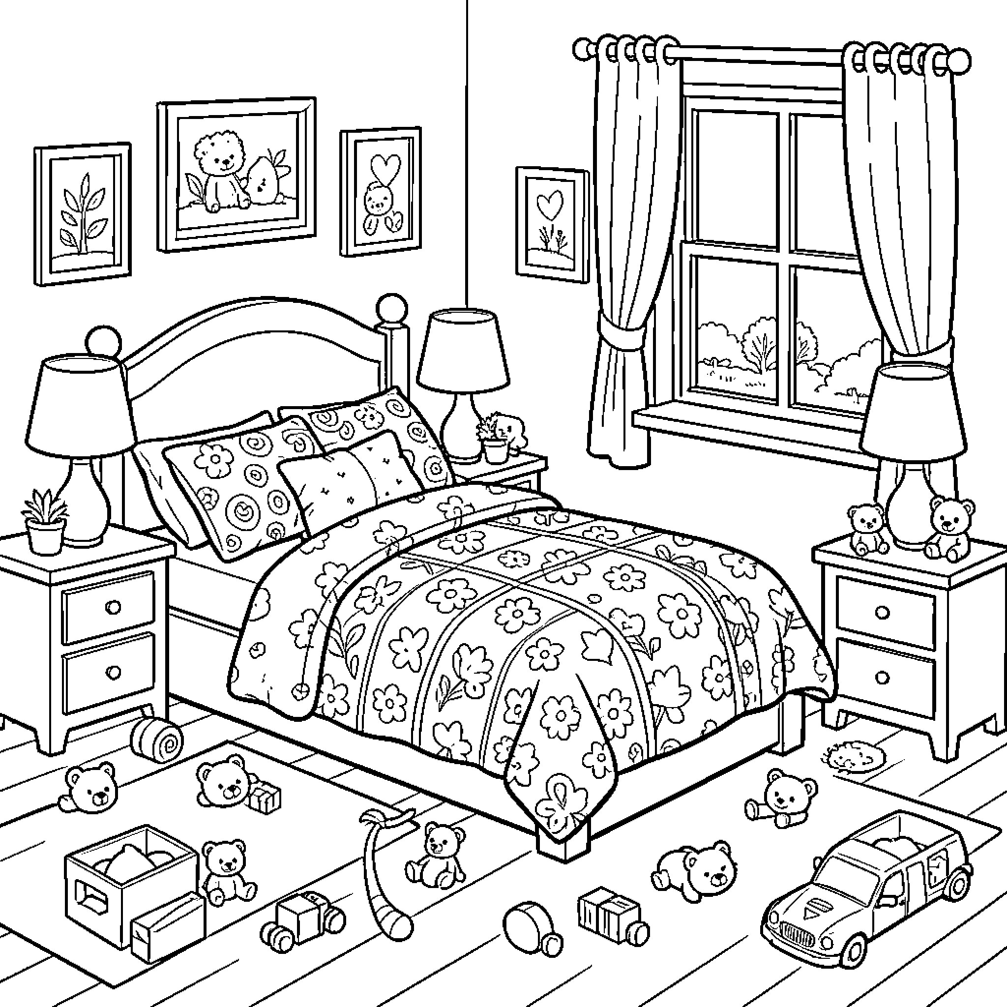 Roy's cozy bedroom with toys and decor Coloring Page (free black-and-white line drawing printable PDF for all, from beginners to advanced learners, including children, teens, adults, and seniors)