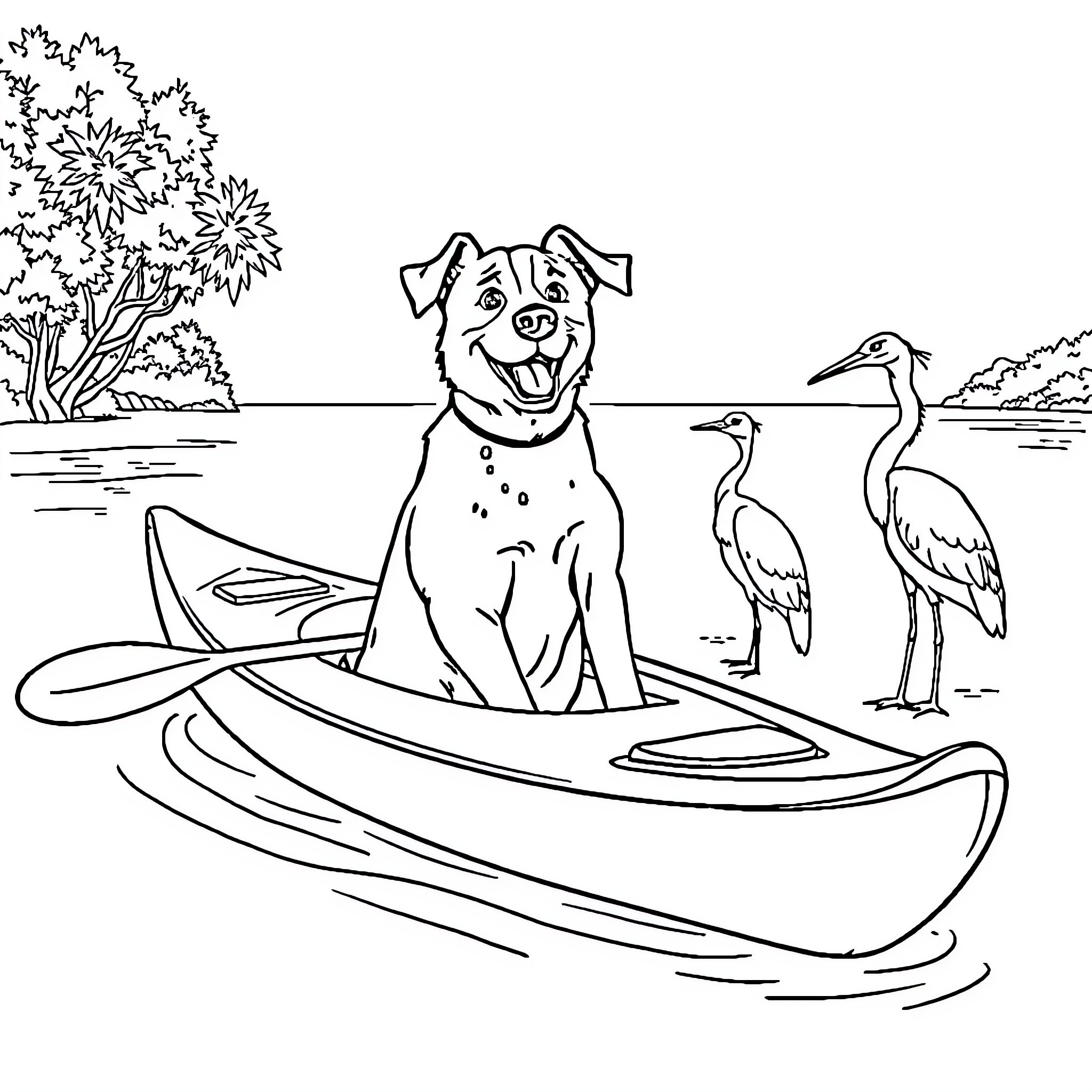 Dog enjoying a boat ride with birds Coloring Page (free black-and-white line drawing printable PDF for all, from beginners to advanced learners, including children, teens, adults, and seniors)
