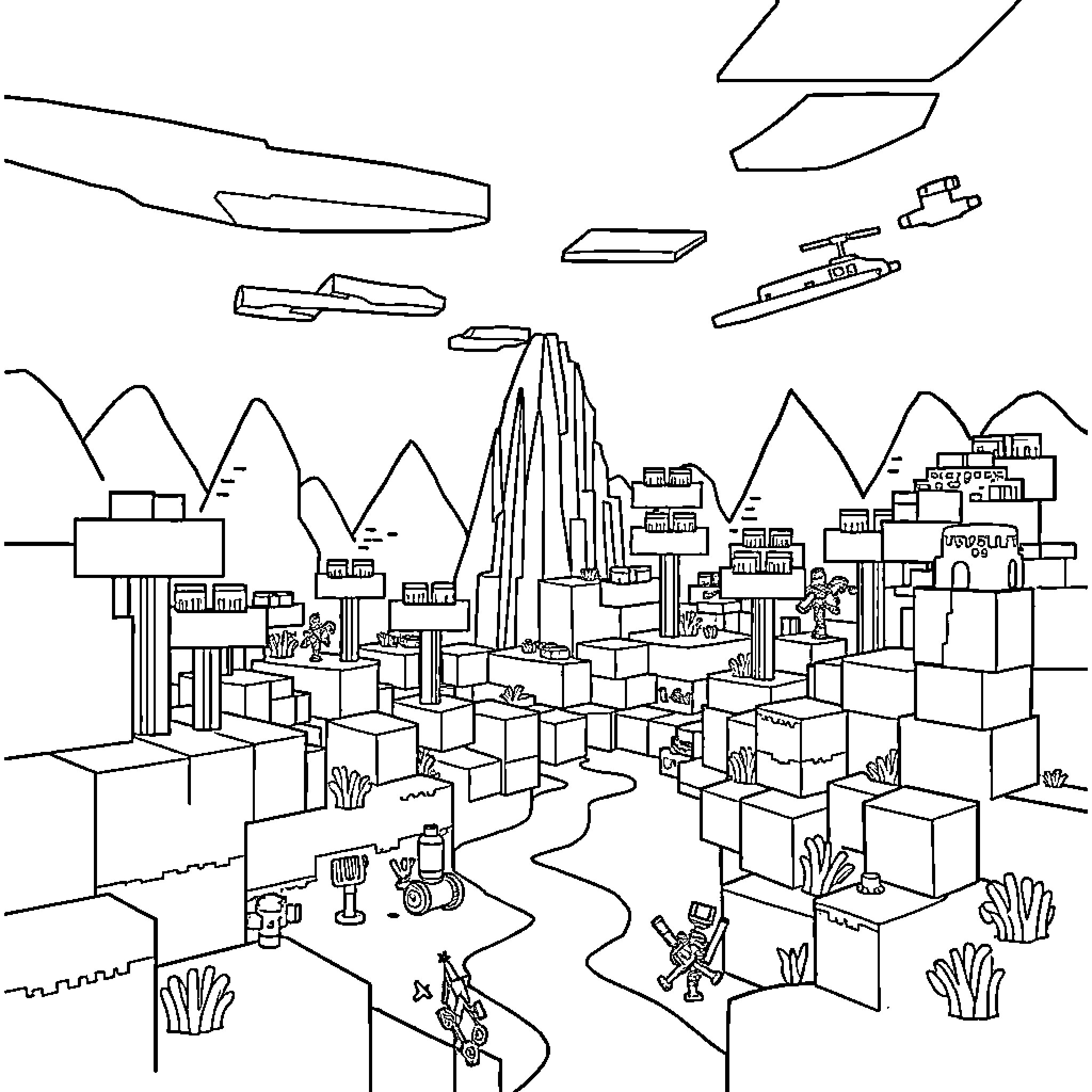 Minecraft landscape with blocky buildings and structures Coloring Page (free black-and-white line drawing printable PDF for all, from beginners to advanced learners, including children, teens, adults, and seniors)