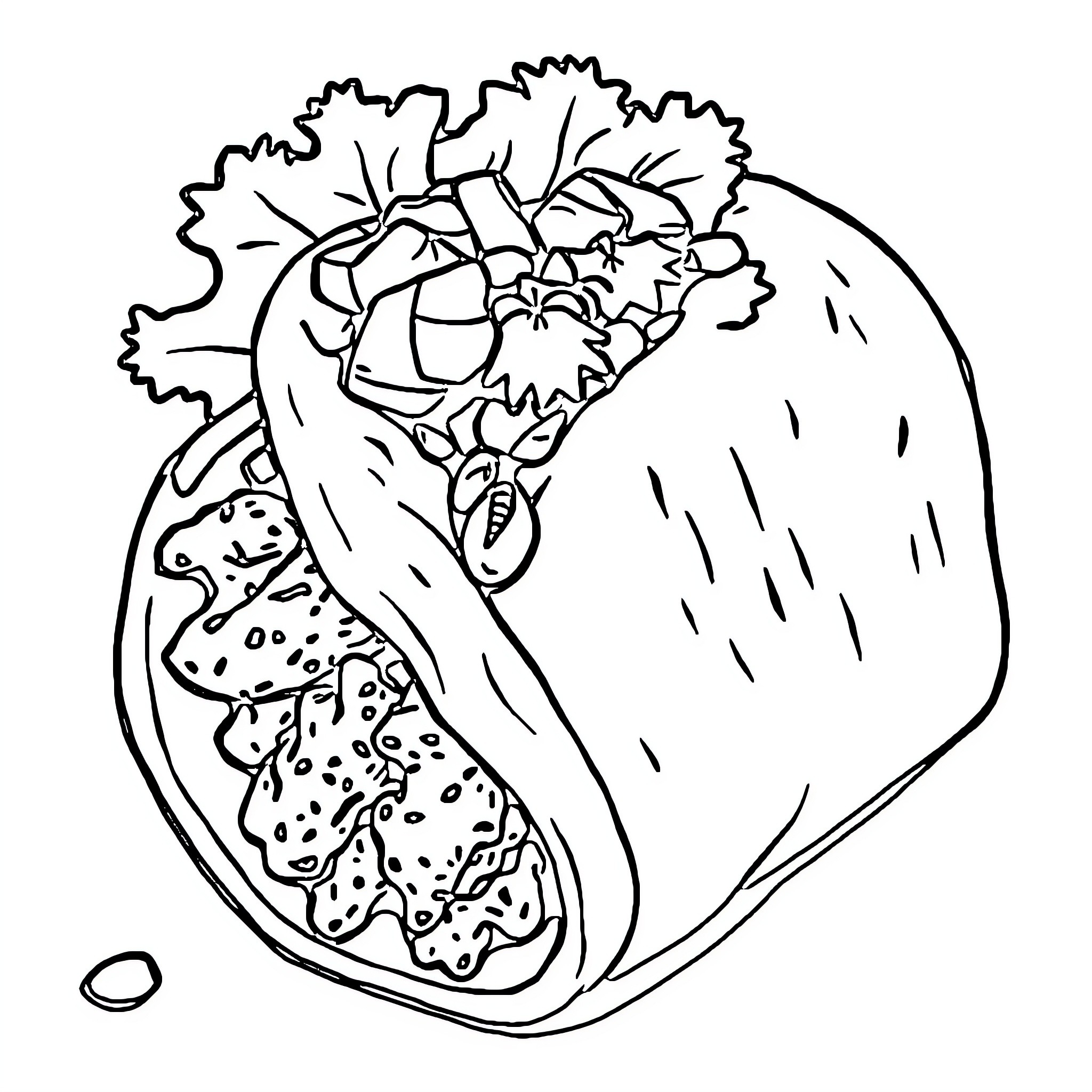 Taco with Vibrant Fillings Coloring Page (free black-and-white line drawing printable PDF for all, from beginners to advanced learners, including children, teens, adults, and seniors)