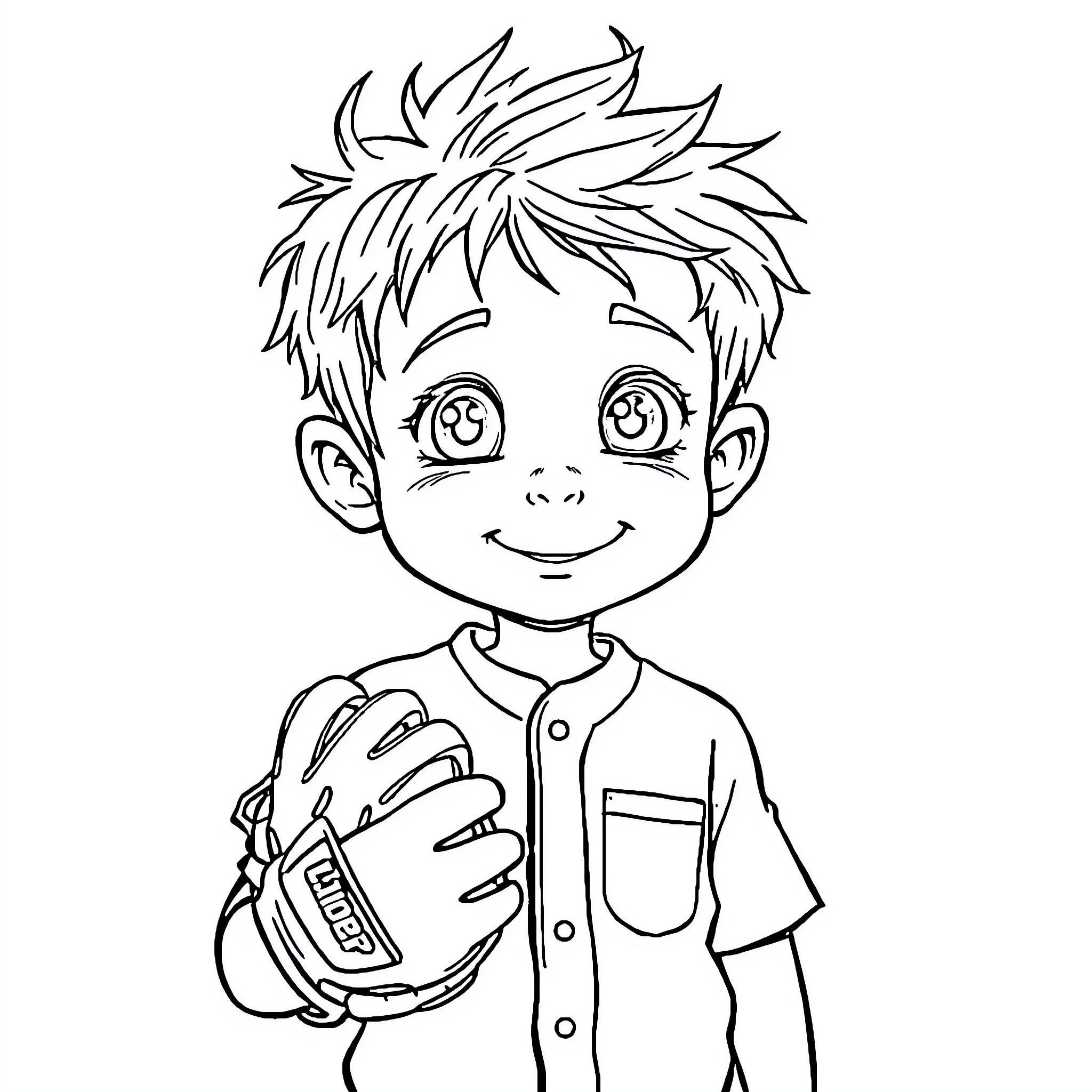 Oliver happily holding a baseball glove Coloring Page (free black-and-white line drawing printable PDF for all, from beginners to advanced learners, including children, teens, adults, and seniors)