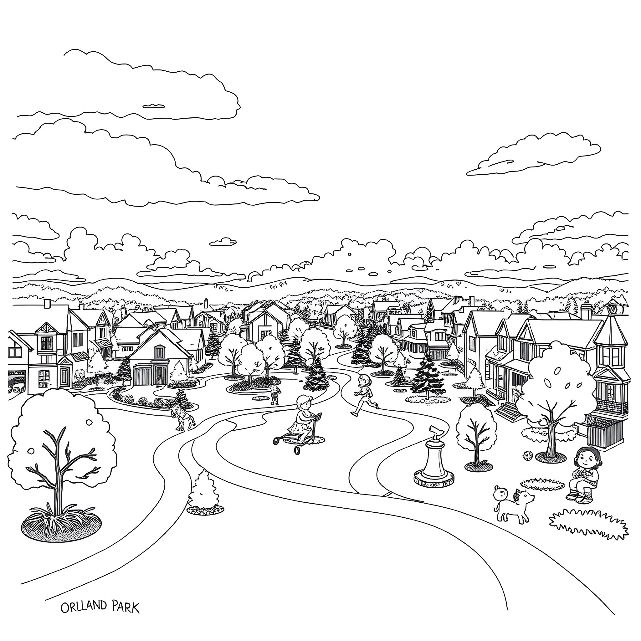Orland Park: A Scenic Community Landscape Coloring Page (free black-and-white line drawing printable PDF for all, from beginners to advanced learners, including children, teens, adults, and seniors)